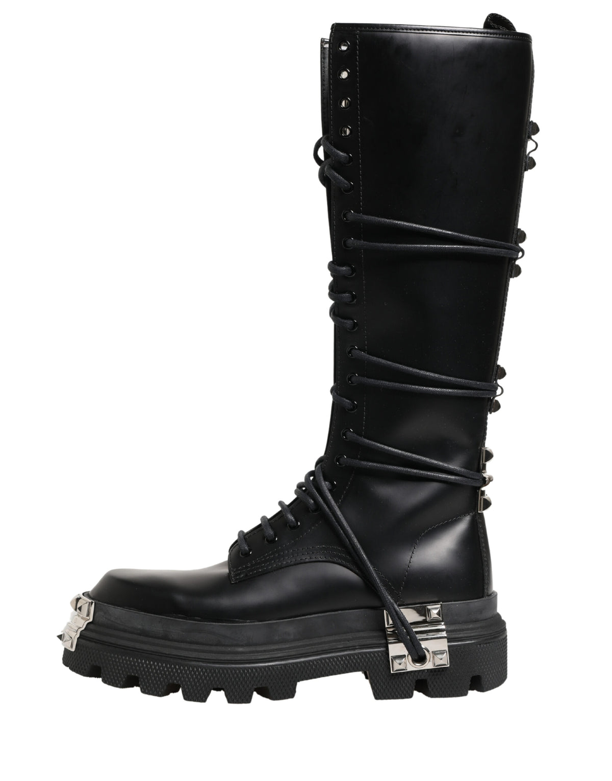 Dolce & Gabbana Black Leather Knee High Combat Boots Men's Shoes