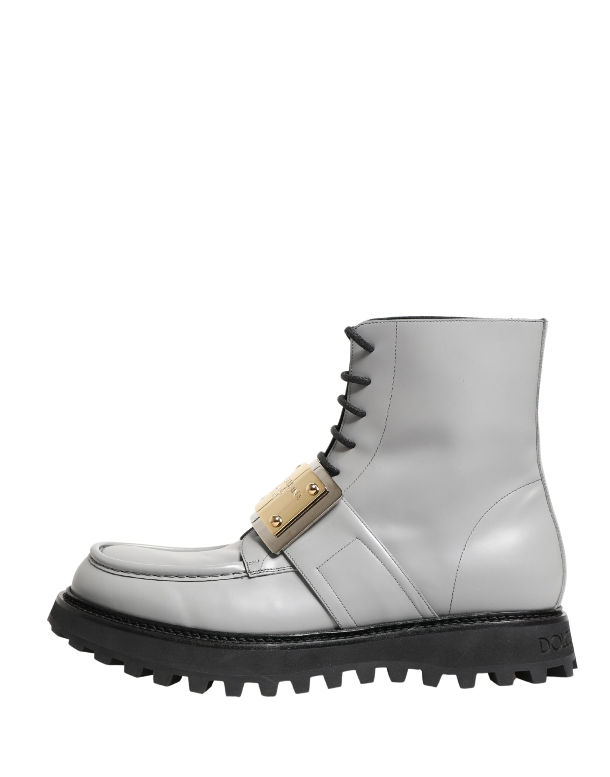 Dolce & Gabbana Gray Leather Logo Plaque Ankle Boots Men's Shoes