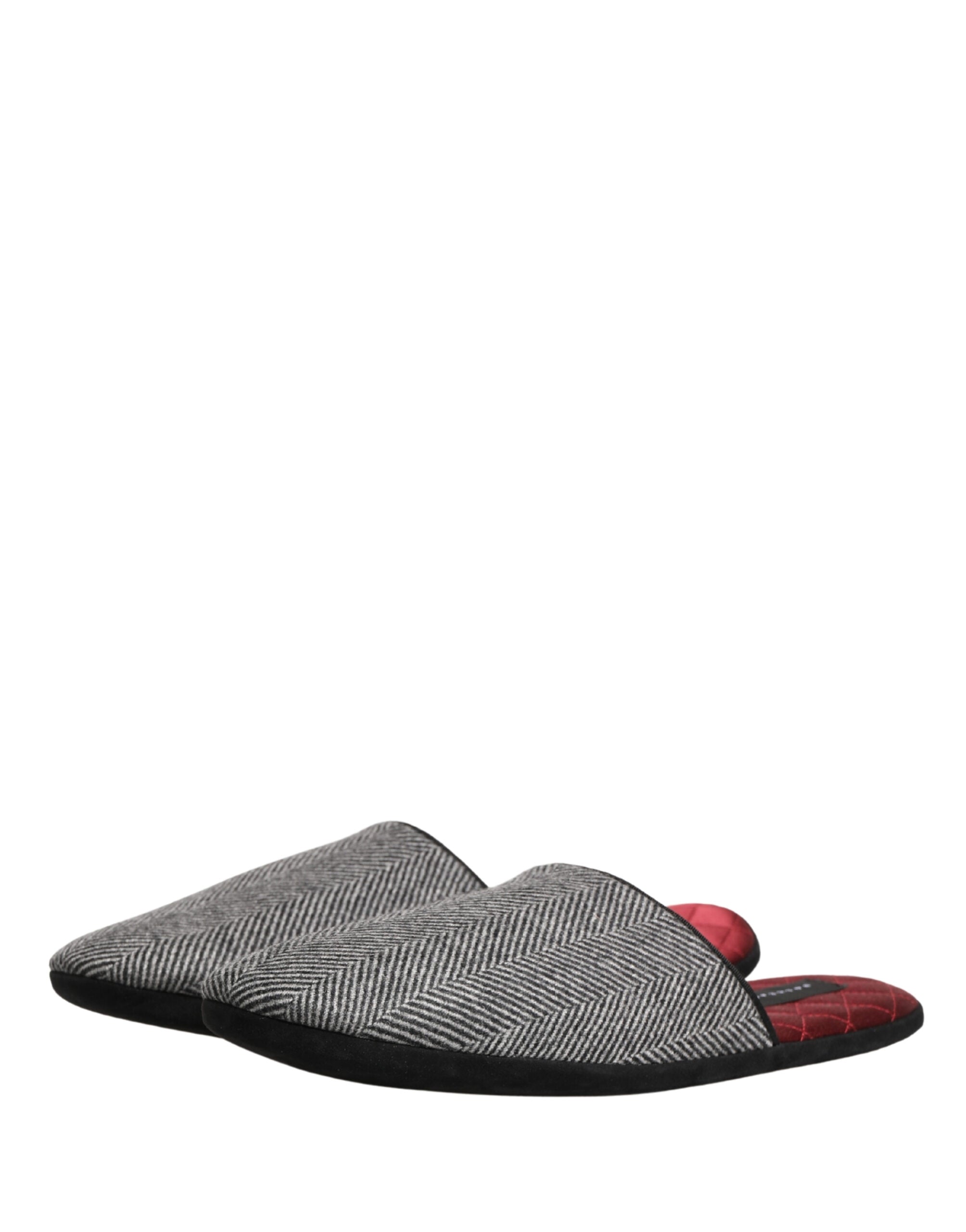 Dolce & Gabbana Grey Herringbone Cashmere Red Slippers Men's Shoes