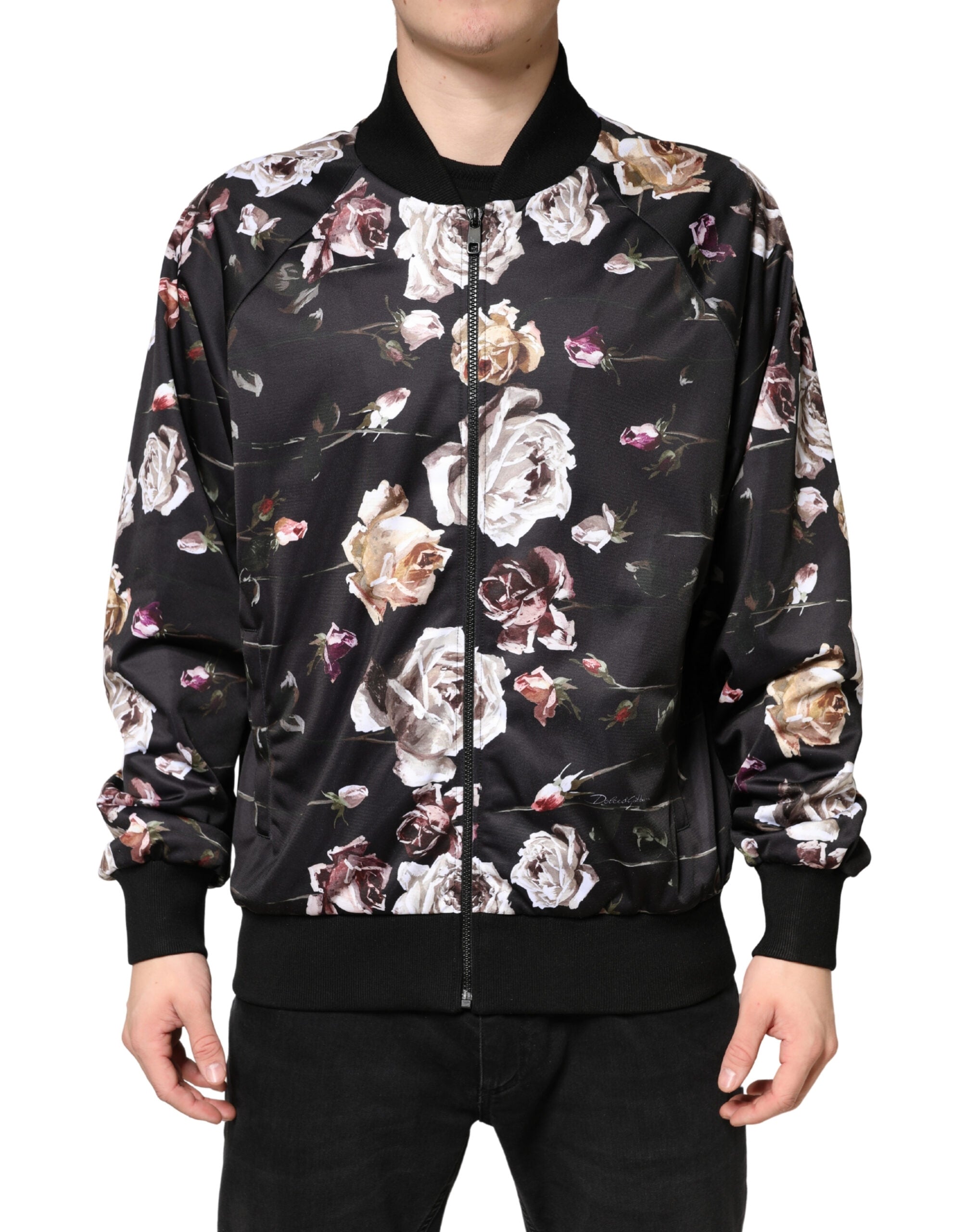 Dolce & Gabbana Black Floral Polyester Full Zip Bomber Men's Jacket
