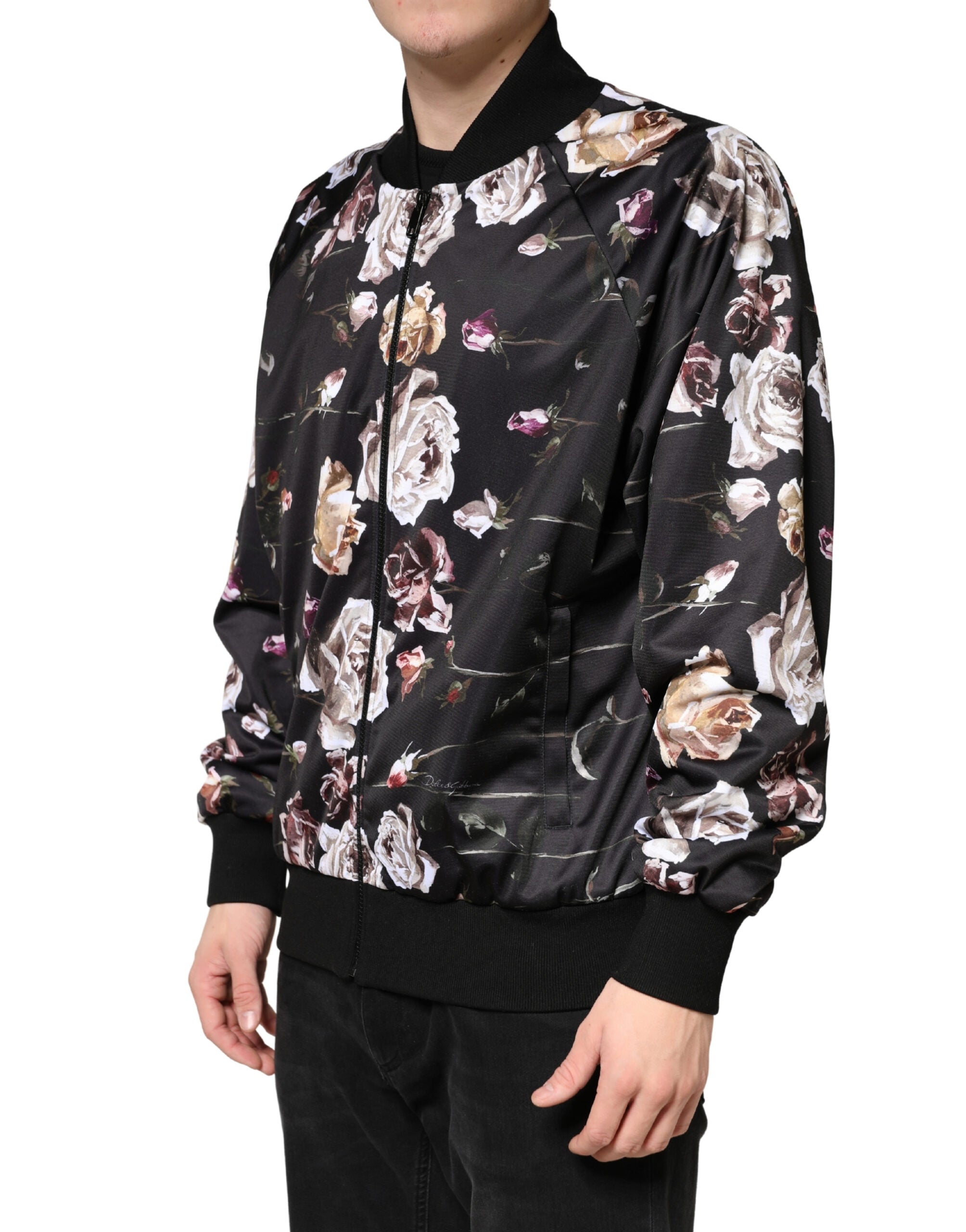 Dolce & Gabbana Black Floral Polyester Full Zip Bomber Men's Jacket