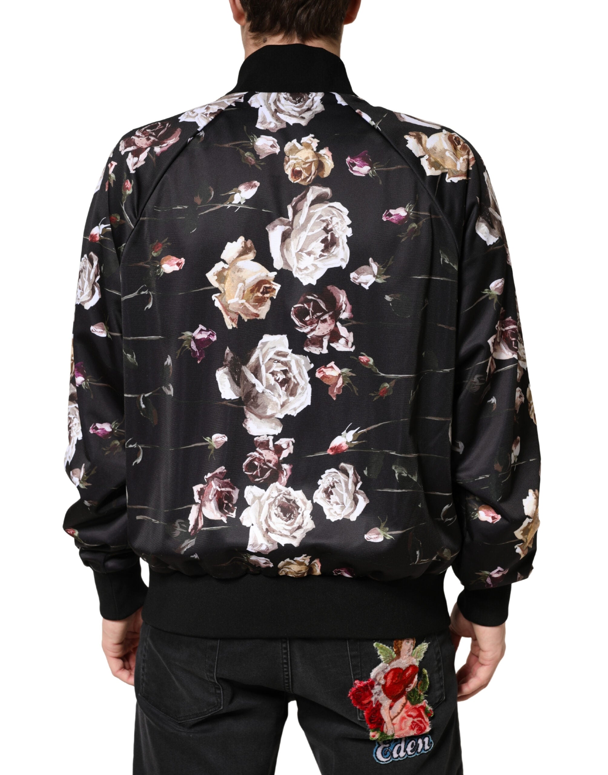 Dolce & Gabbana Black Floral Polyester Full Zip Bomber Men's Jacket