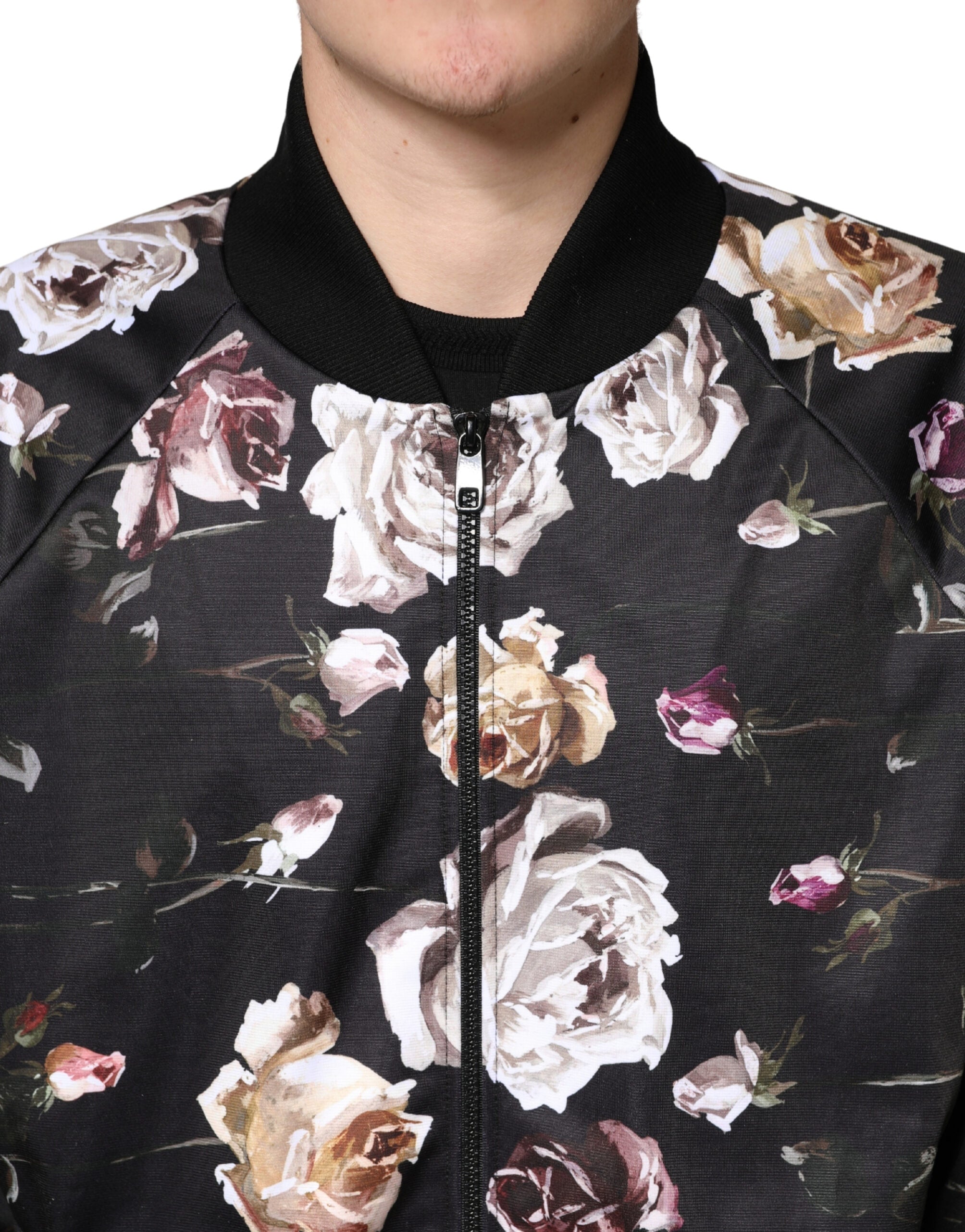 Dolce & Gabbana Black Floral Polyester Full Zip Bomber Men's Jacket