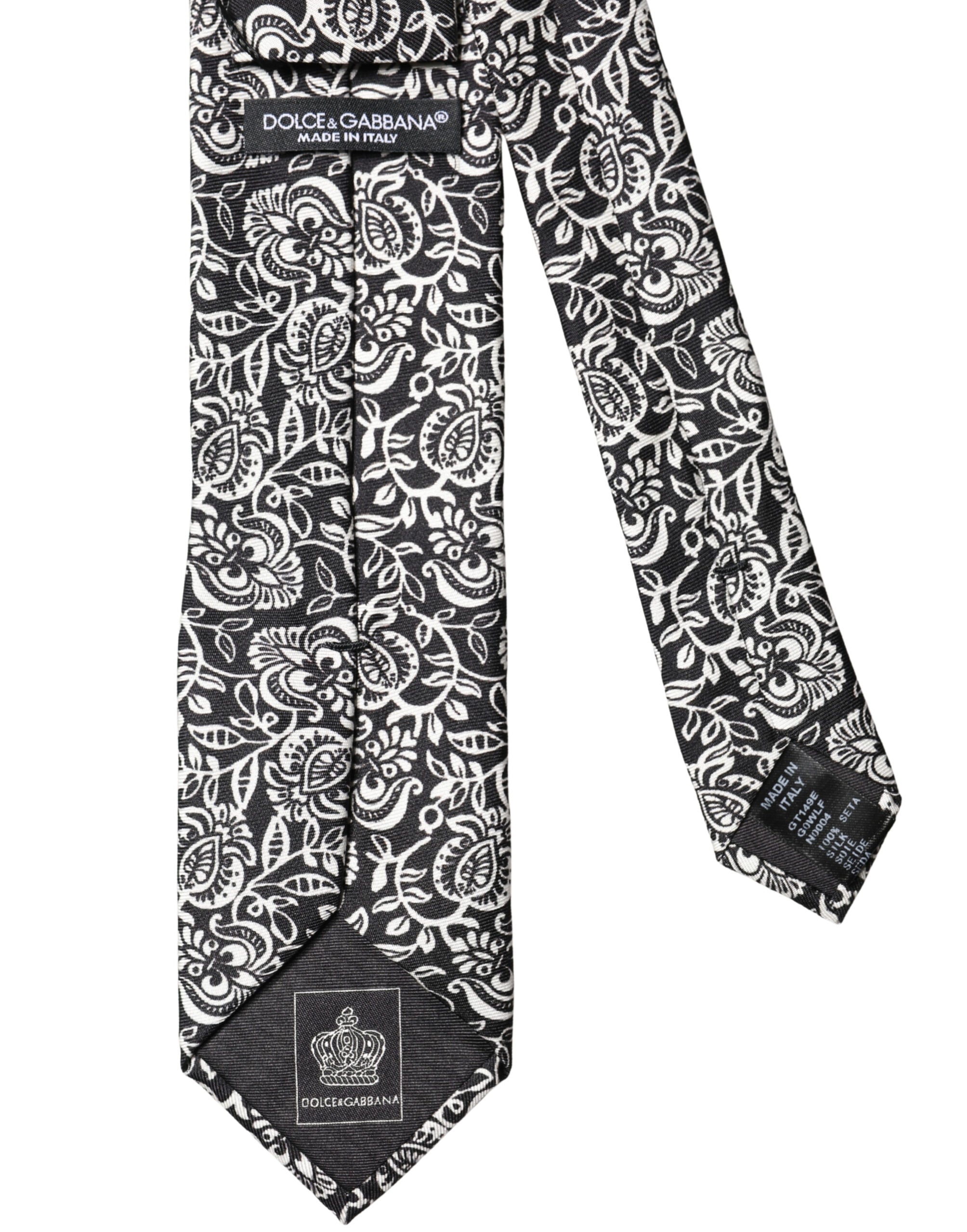 Dolce & Gabbana Black White Floral Fantasy Silk Adjustable NeckMen's Men's Tie