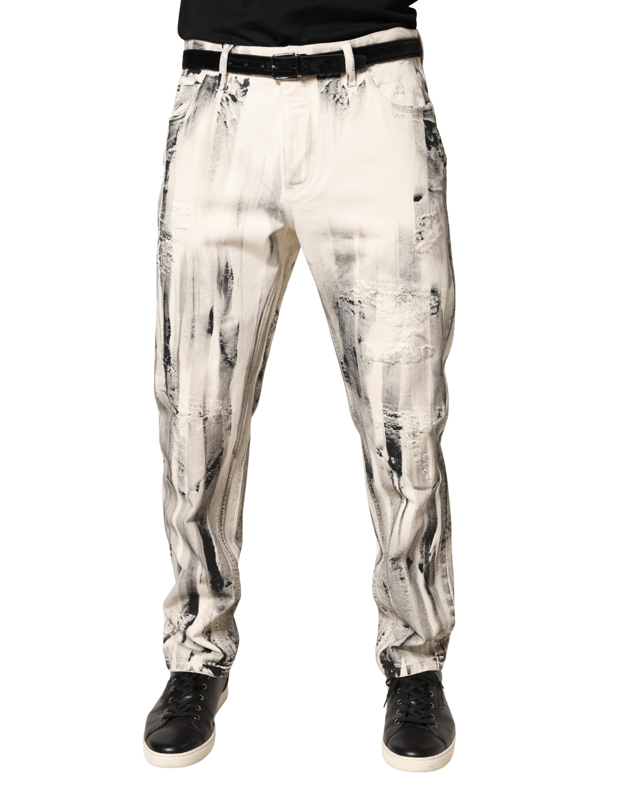 Dolce & Gabbana White Distressed Paint Print LooseDenim Men's Jeans