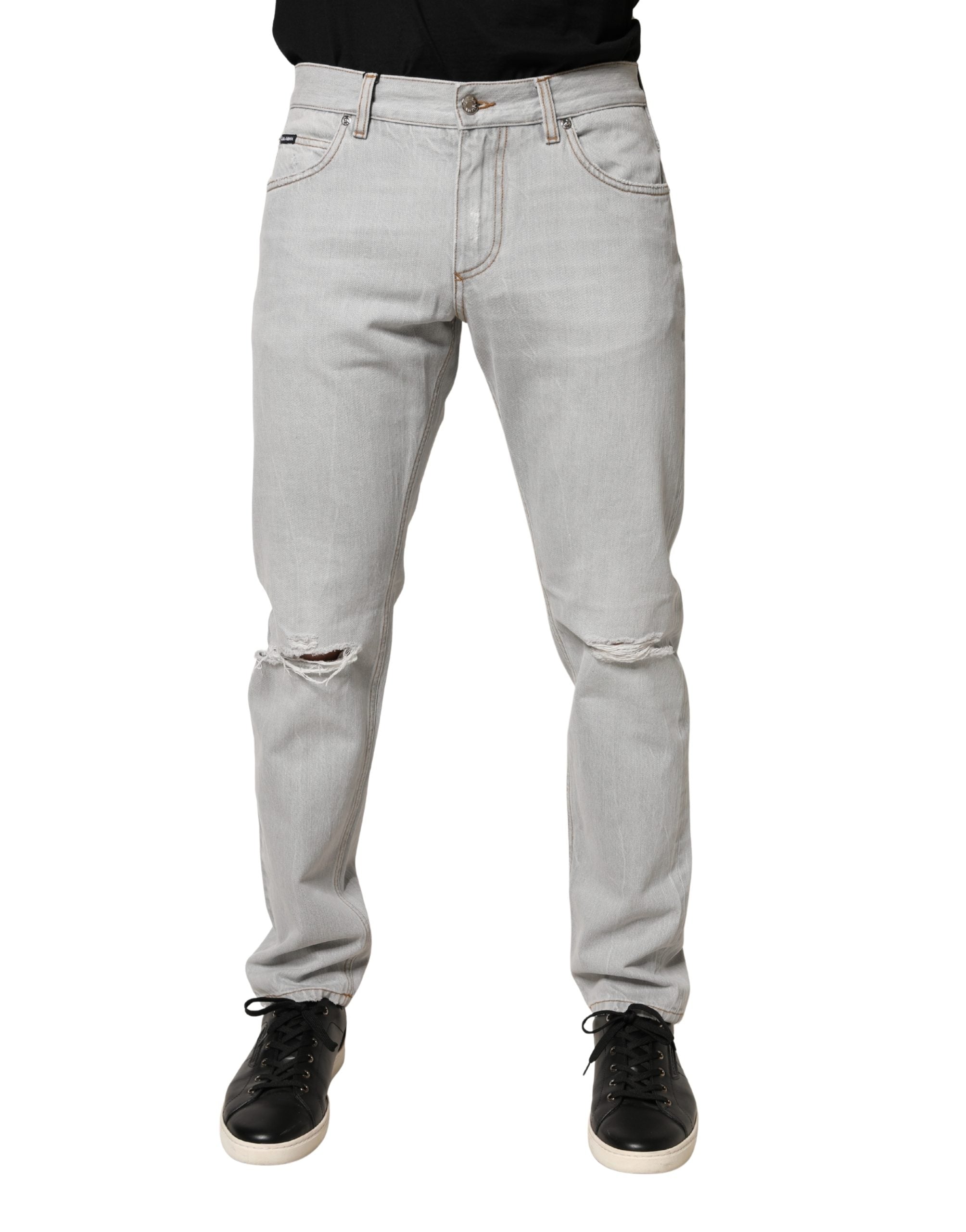 Dolce & Gabbana Light Gray Ripped Cotton Regular Denim Men's Jeans