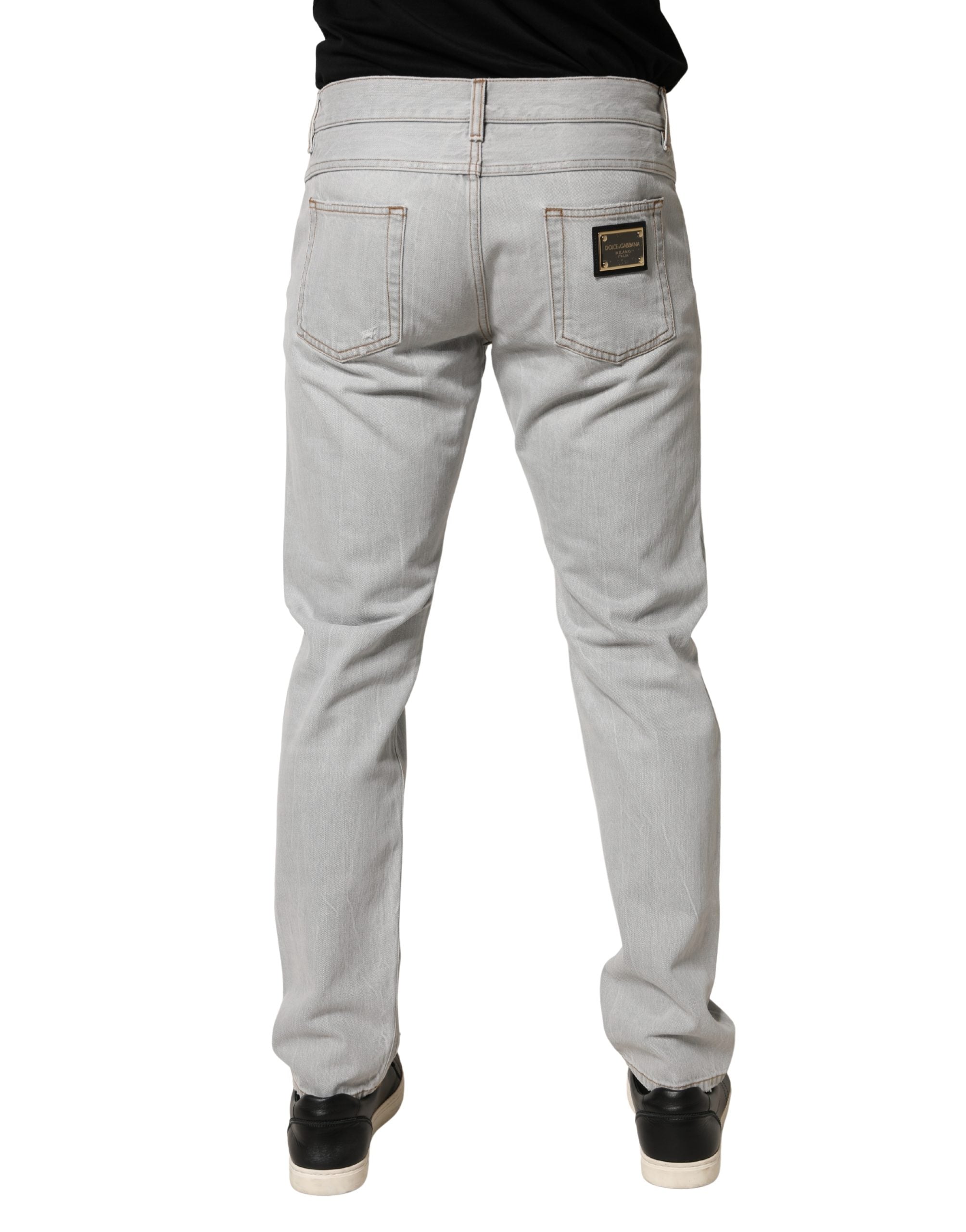 Dolce & Gabbana Light Gray Ripped Cotton Regular Denim Men's Jeans