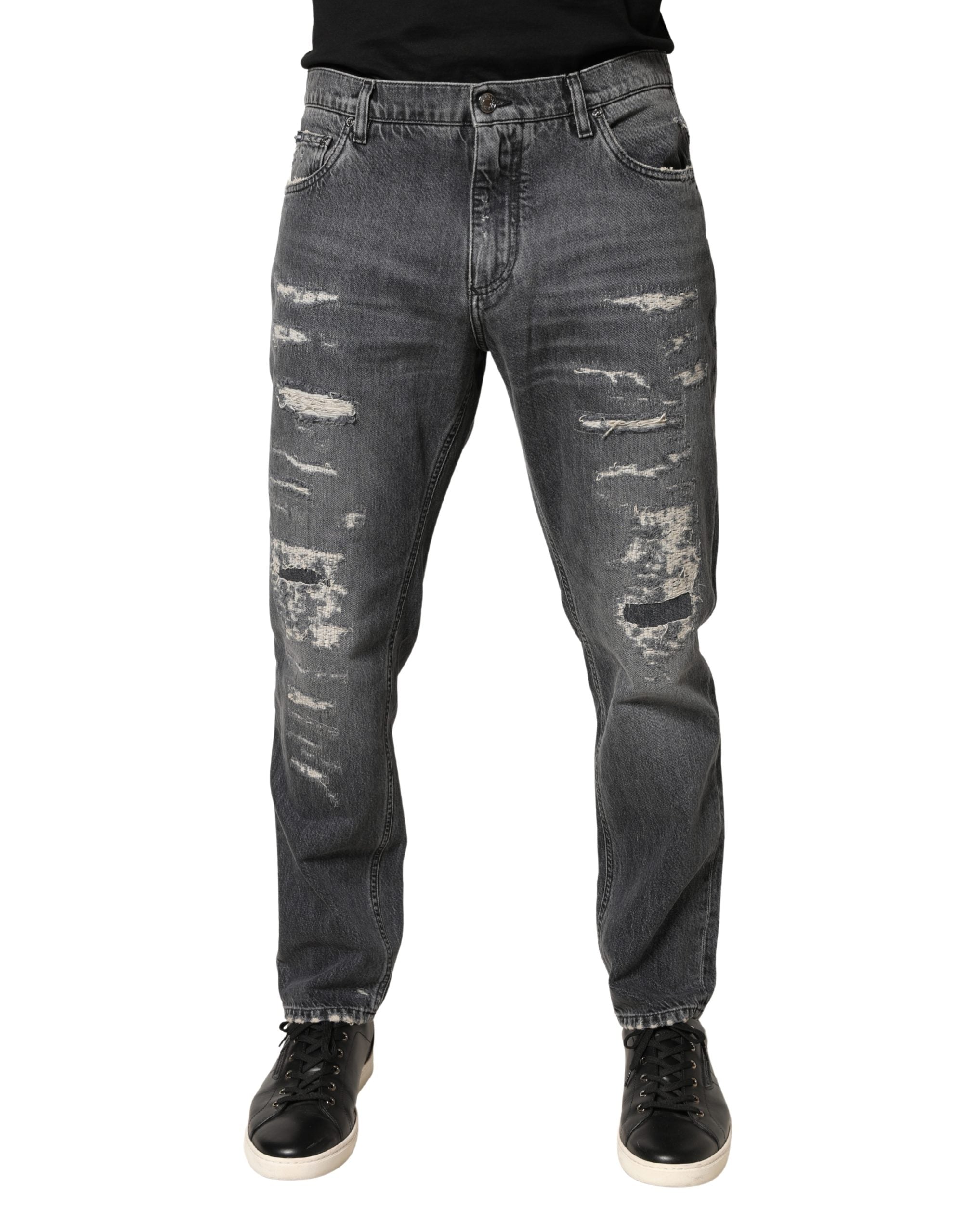 Dolce & Gabbana Dark Gray Tattered Cotton Loose Denim Men's Jeans