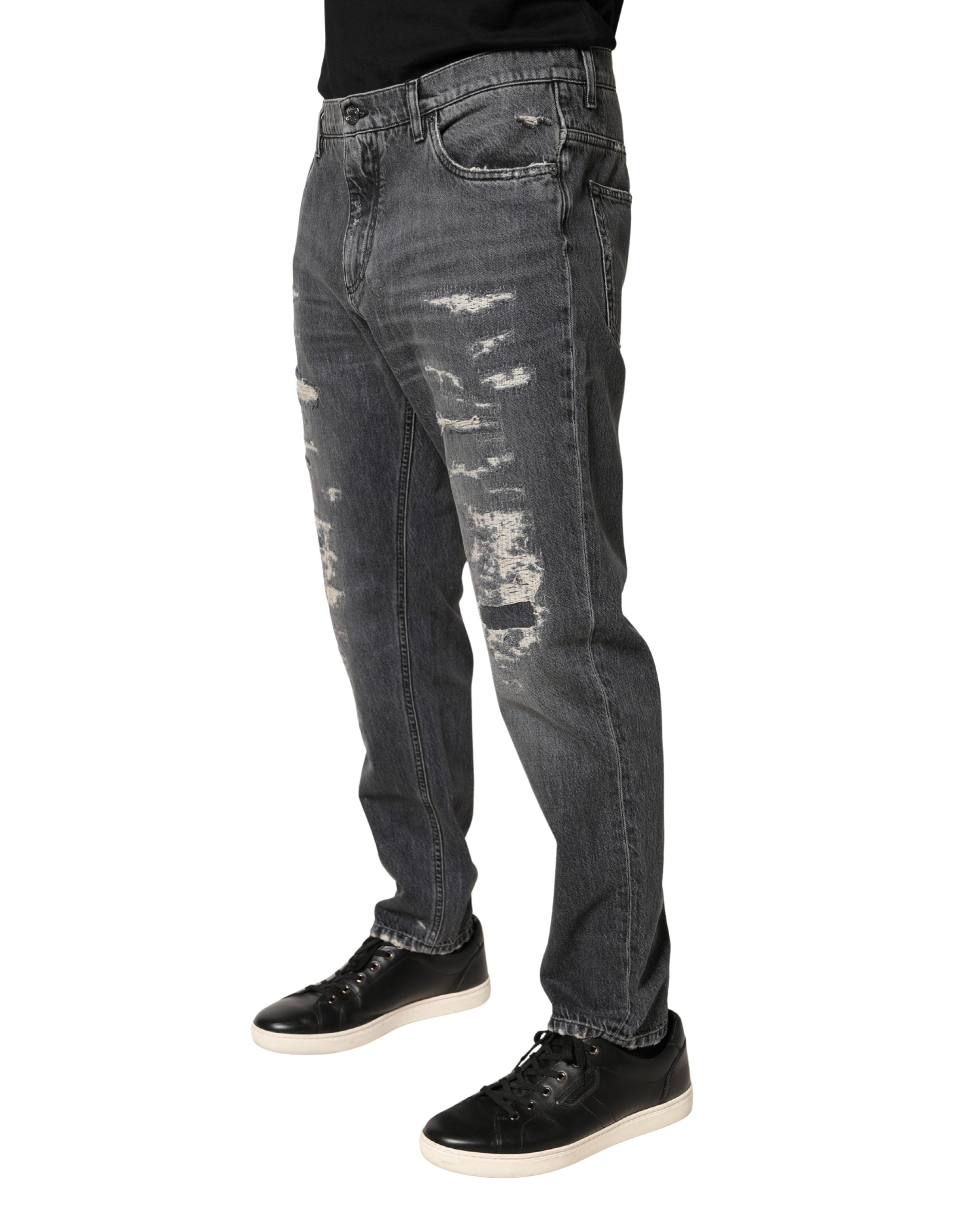 Dolce & Gabbana Dark Gray Tattered Cotton Loose Denim Men's Jeans