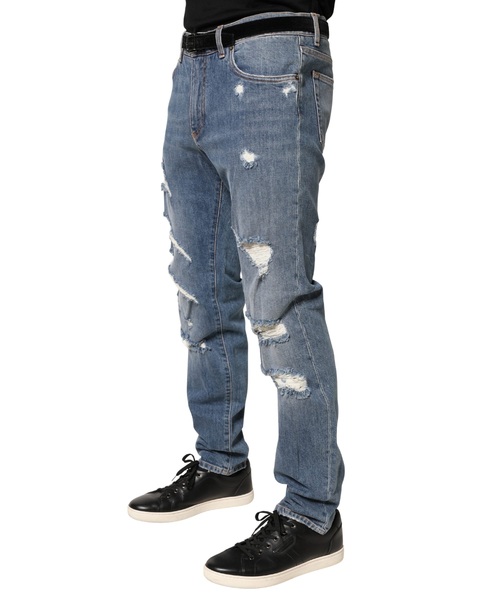 Dolce & Gabbana Blue Tattered Slim Fit Cotton Denim Men's Jeans