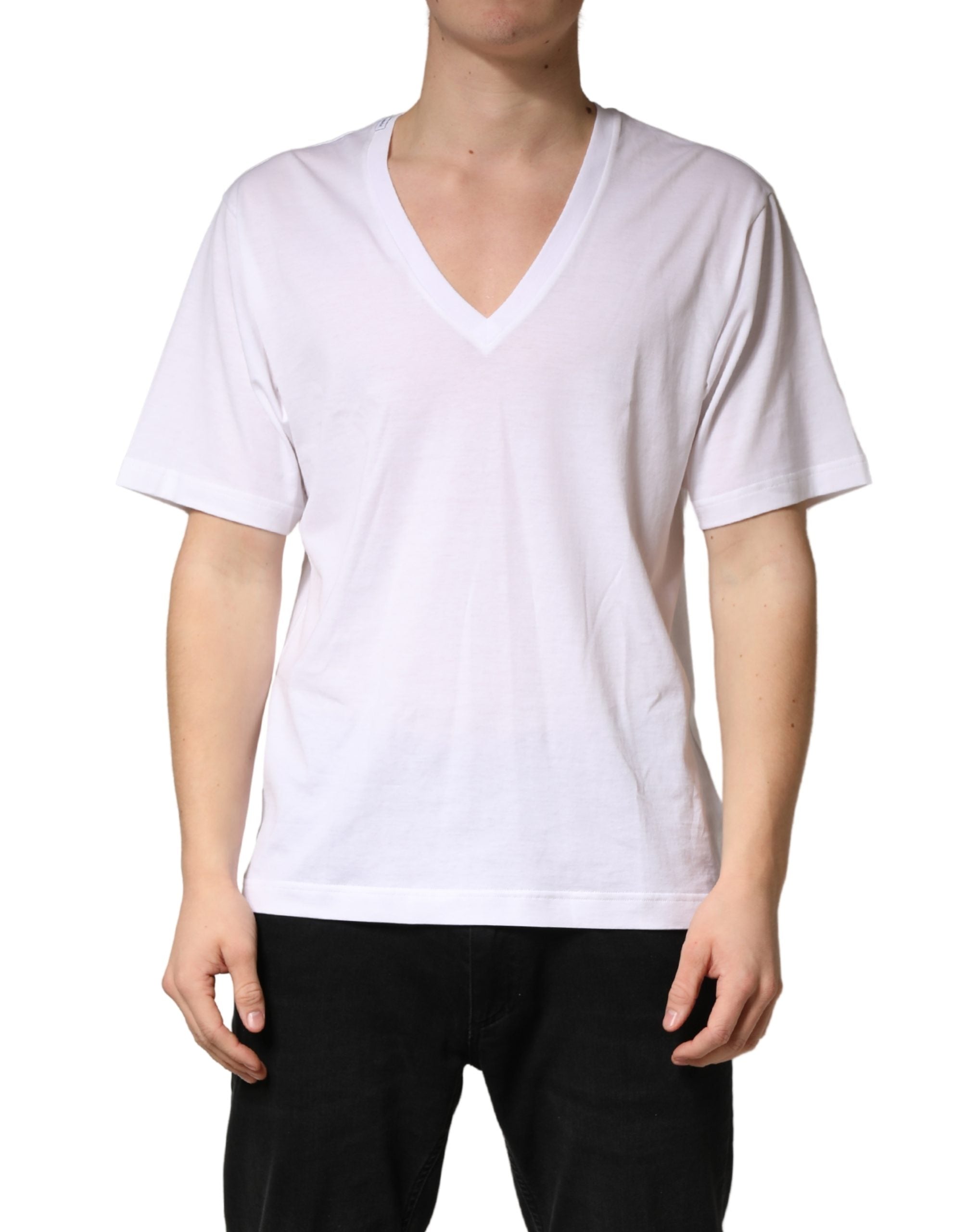 Dolce & Gabbana White Cotton Plain V-Neck Men Shirt Men's T-shirt