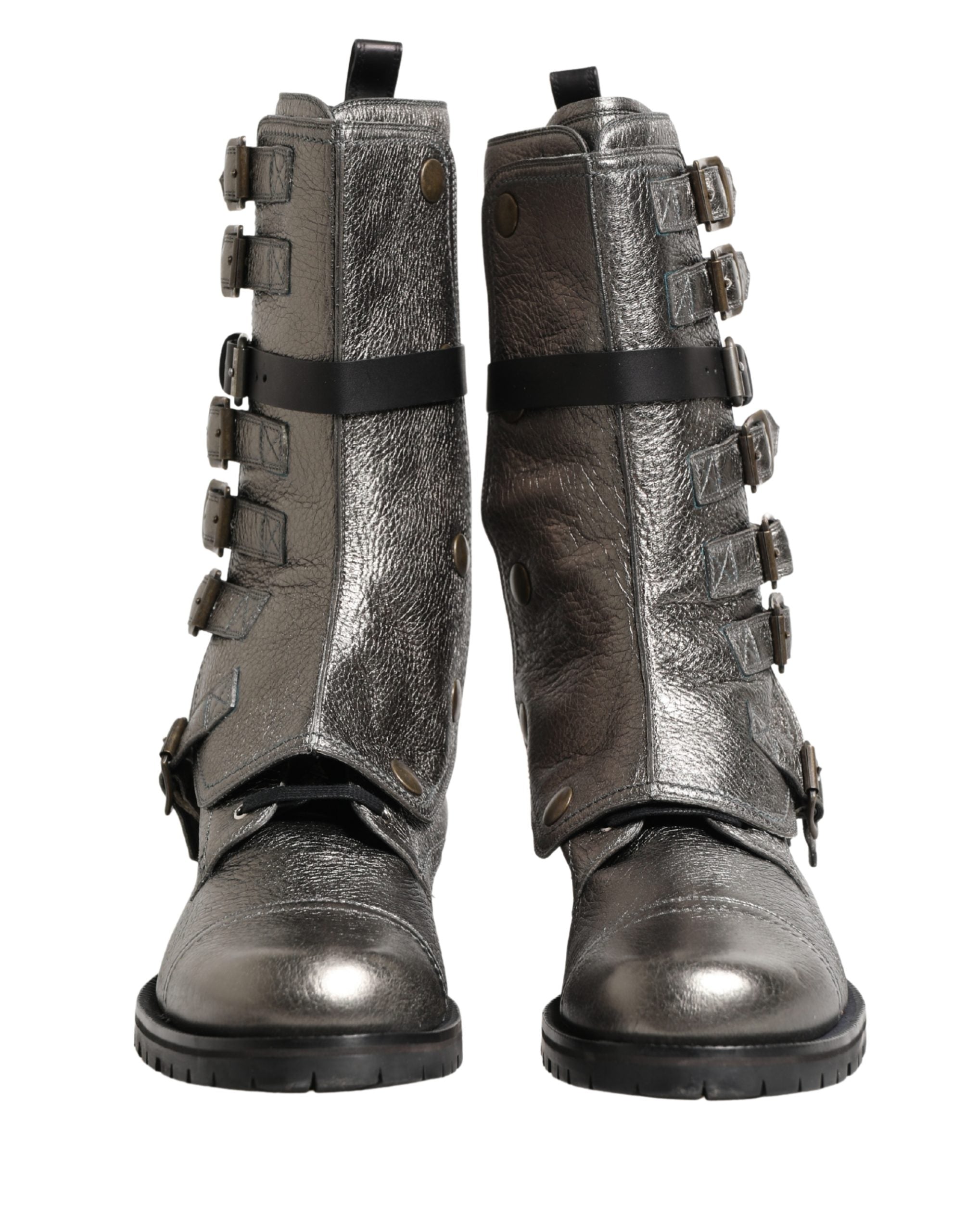 Dolce & Gabbana Metallic Silver Combat Biker Mid Calf Boots Men's Shoes (Pre-Owned)