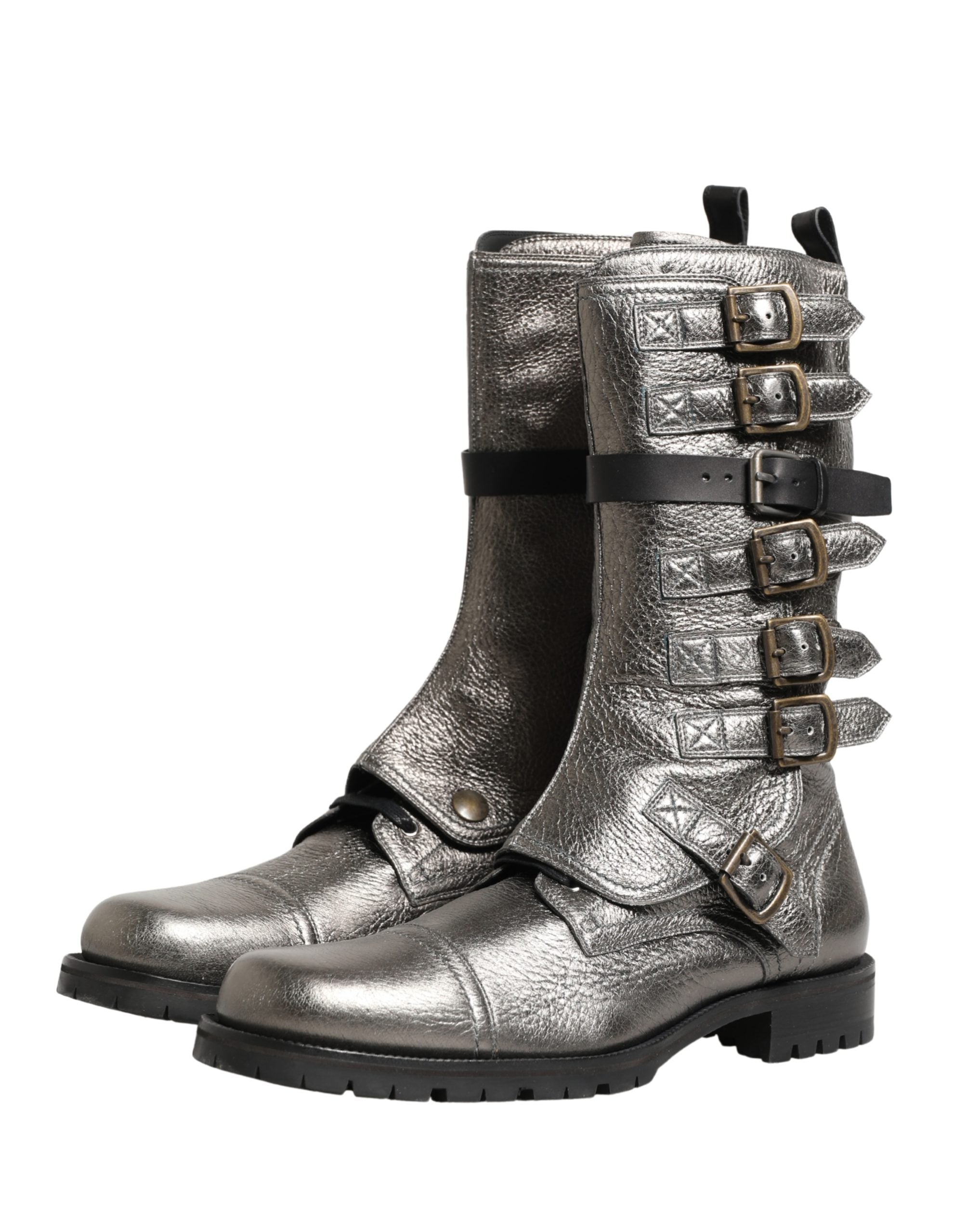 Dolce & Gabbana Metallic Silver Combat Biker Mid Calf Boots Men's Shoes (Pre-Owned)