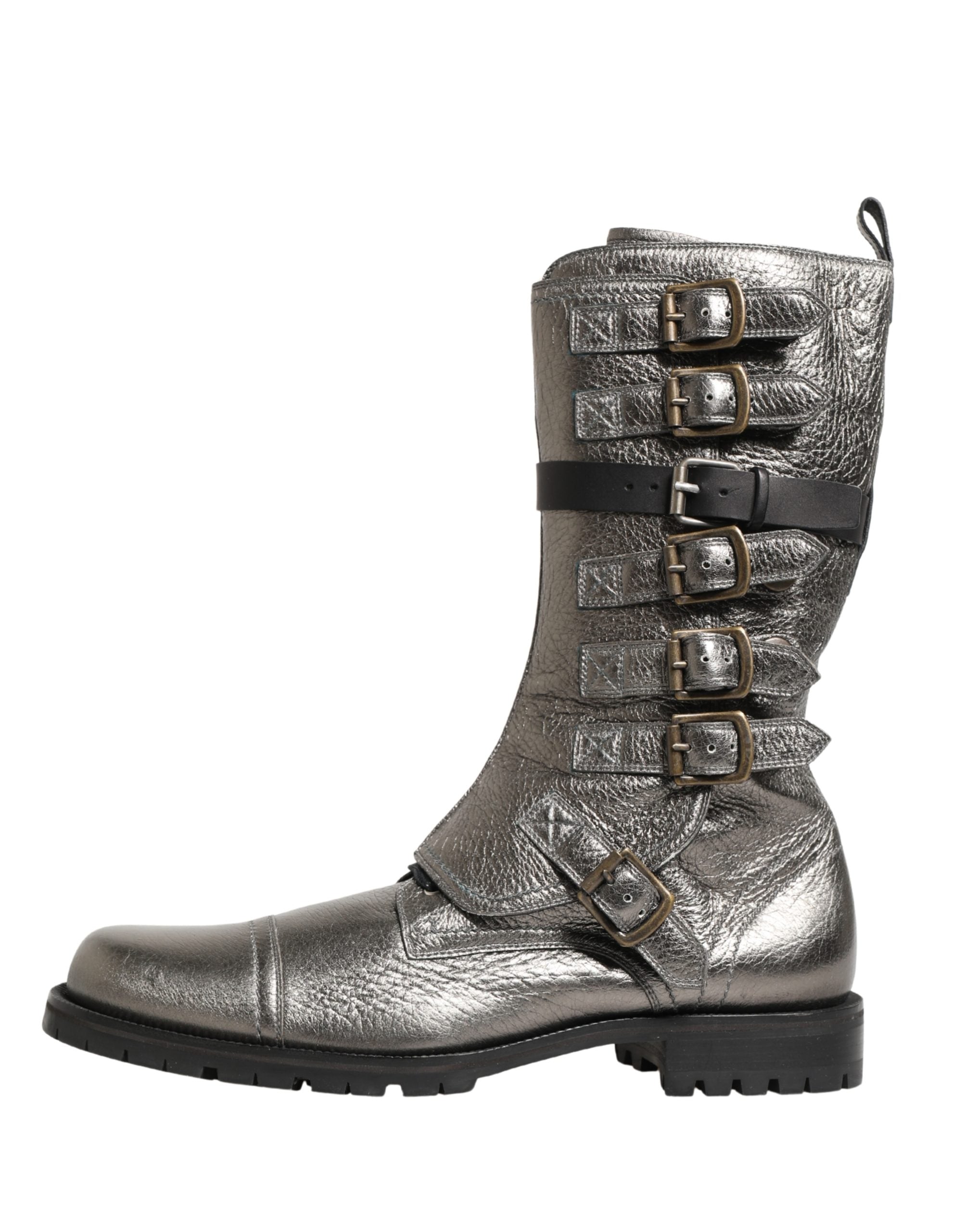 Dolce & Gabbana Metallic Silver Combat Biker Mid Calf Boots Men's Shoes (Pre-Owned)