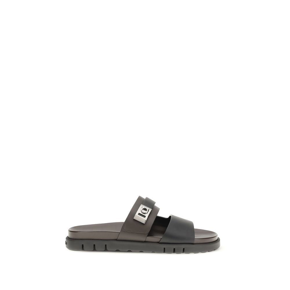 Ferragamo Black Calf Leather Bos Taurus Flat Men's Sandals