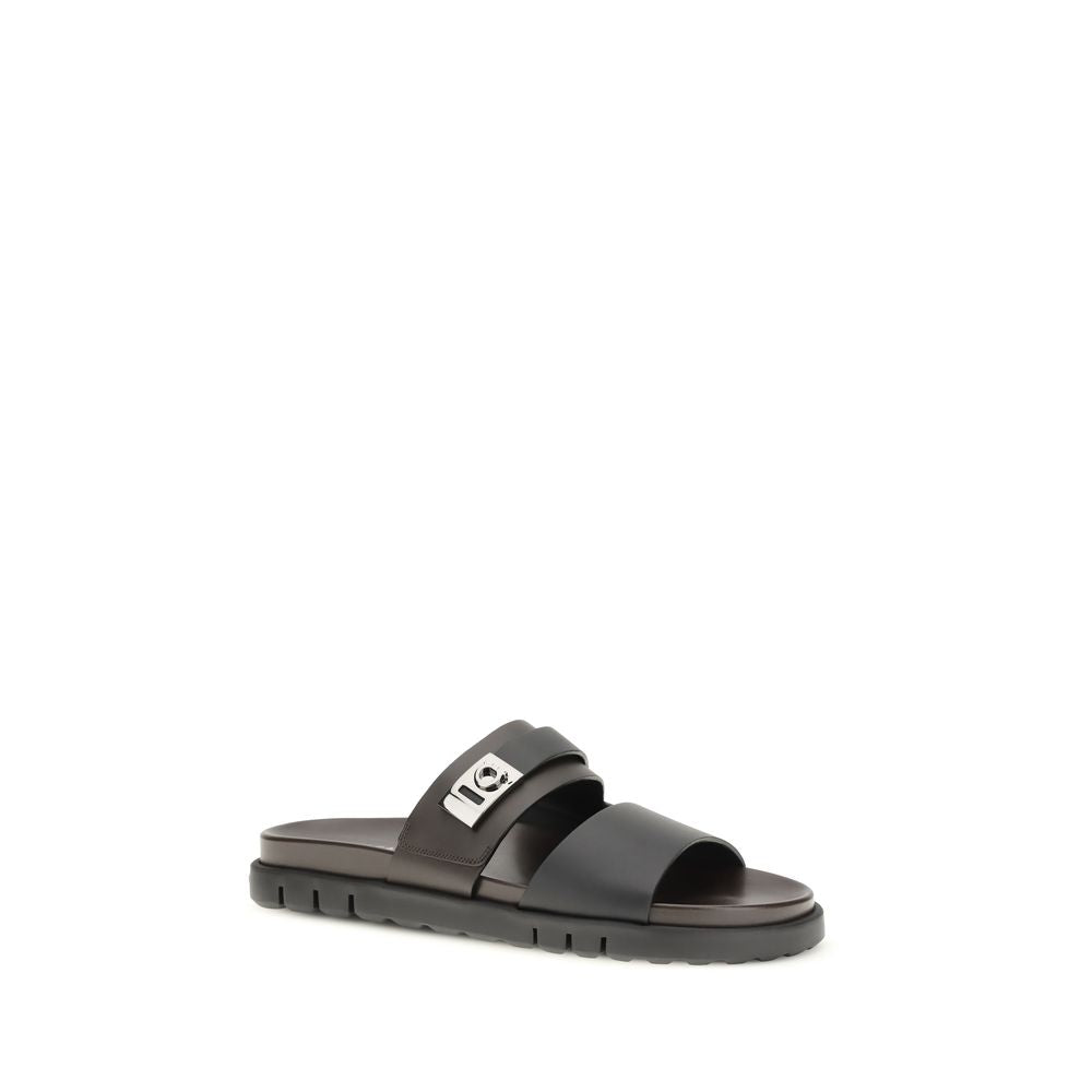 Ferragamo Black Calf Leather Bos Taurus Flat Men's Sandals