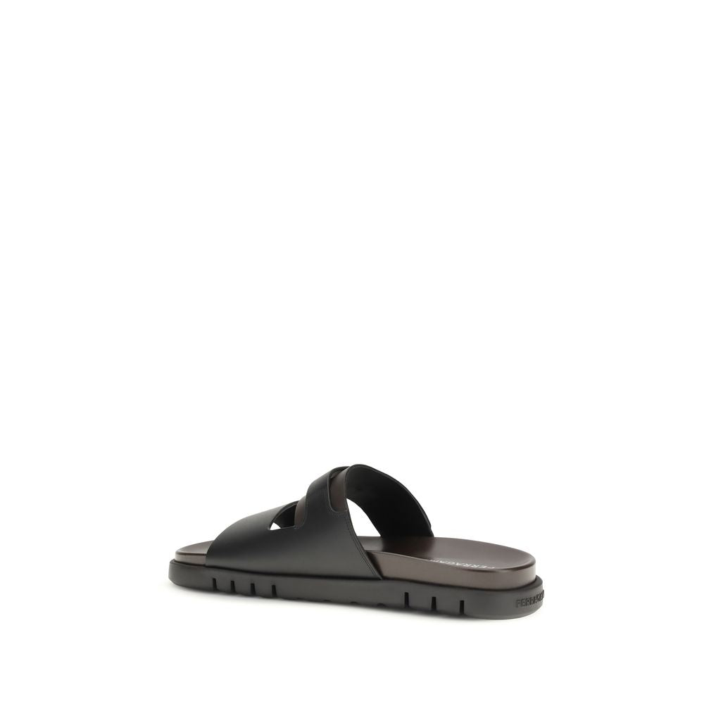 Ferragamo Black Calf Leather Bos Taurus Flat Men's Sandals