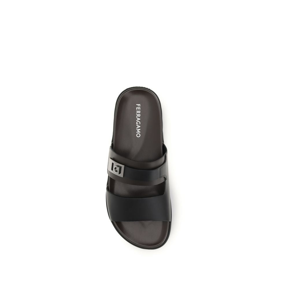 Ferragamo Black Calf Leather Bos Taurus Flat Men's Sandals