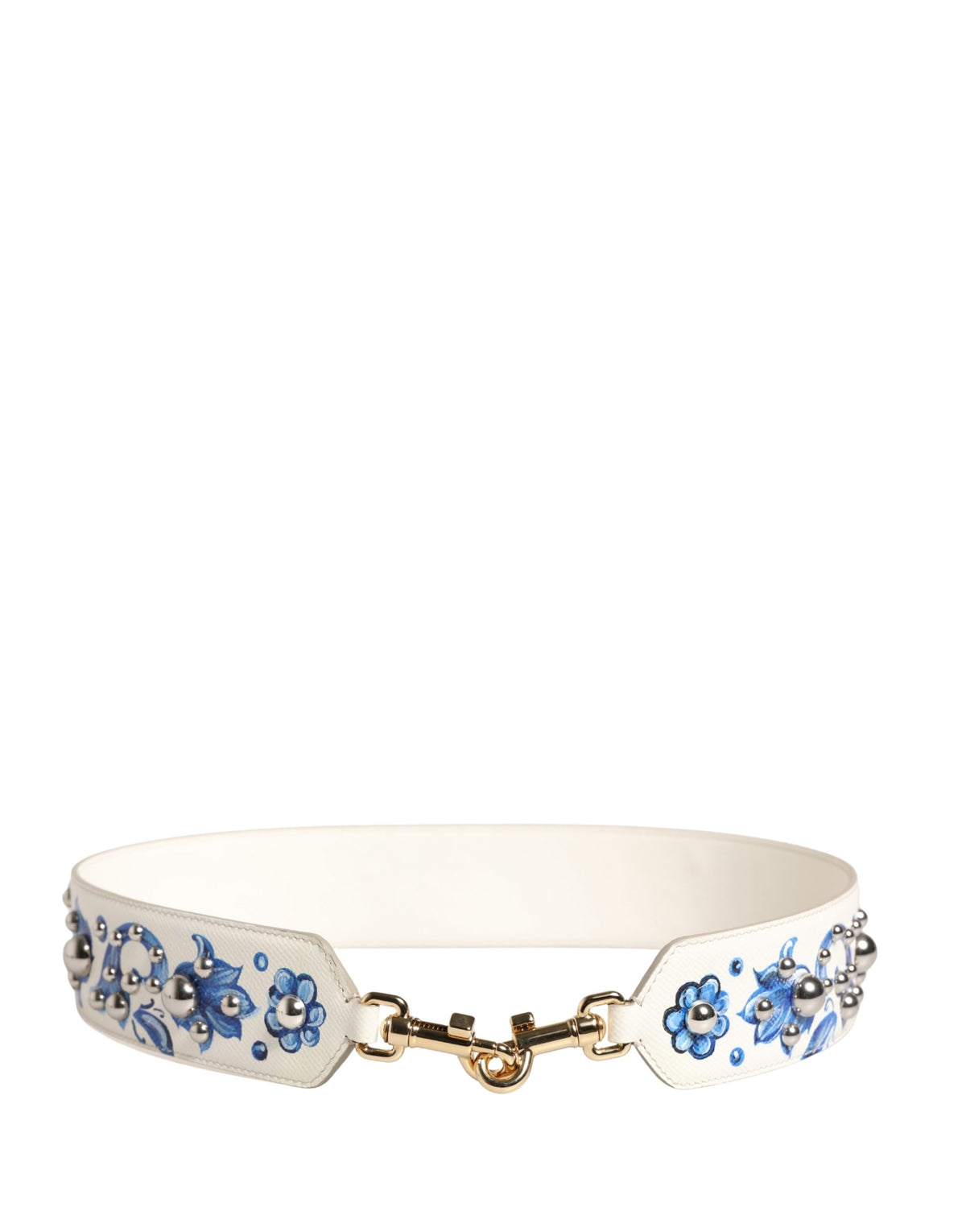 Dolce & Gabbana White Blue Floral Leather Stud Accessory Shoulder Women's Strap