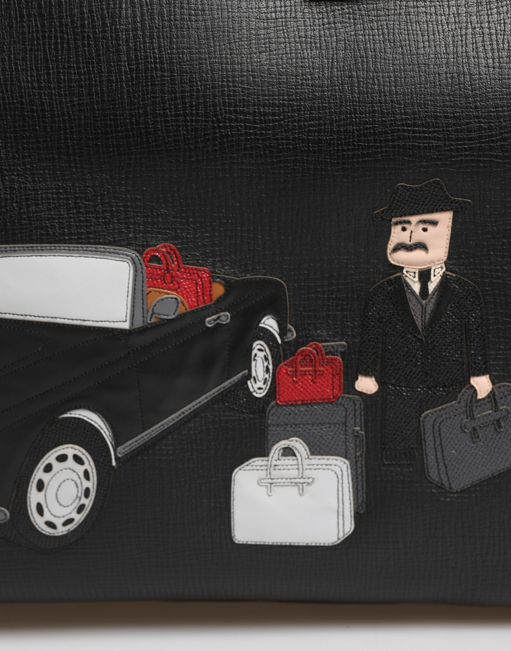 Dolce & Gabbana Black Car Man Applique Leather Weekender Borse Men's Bag