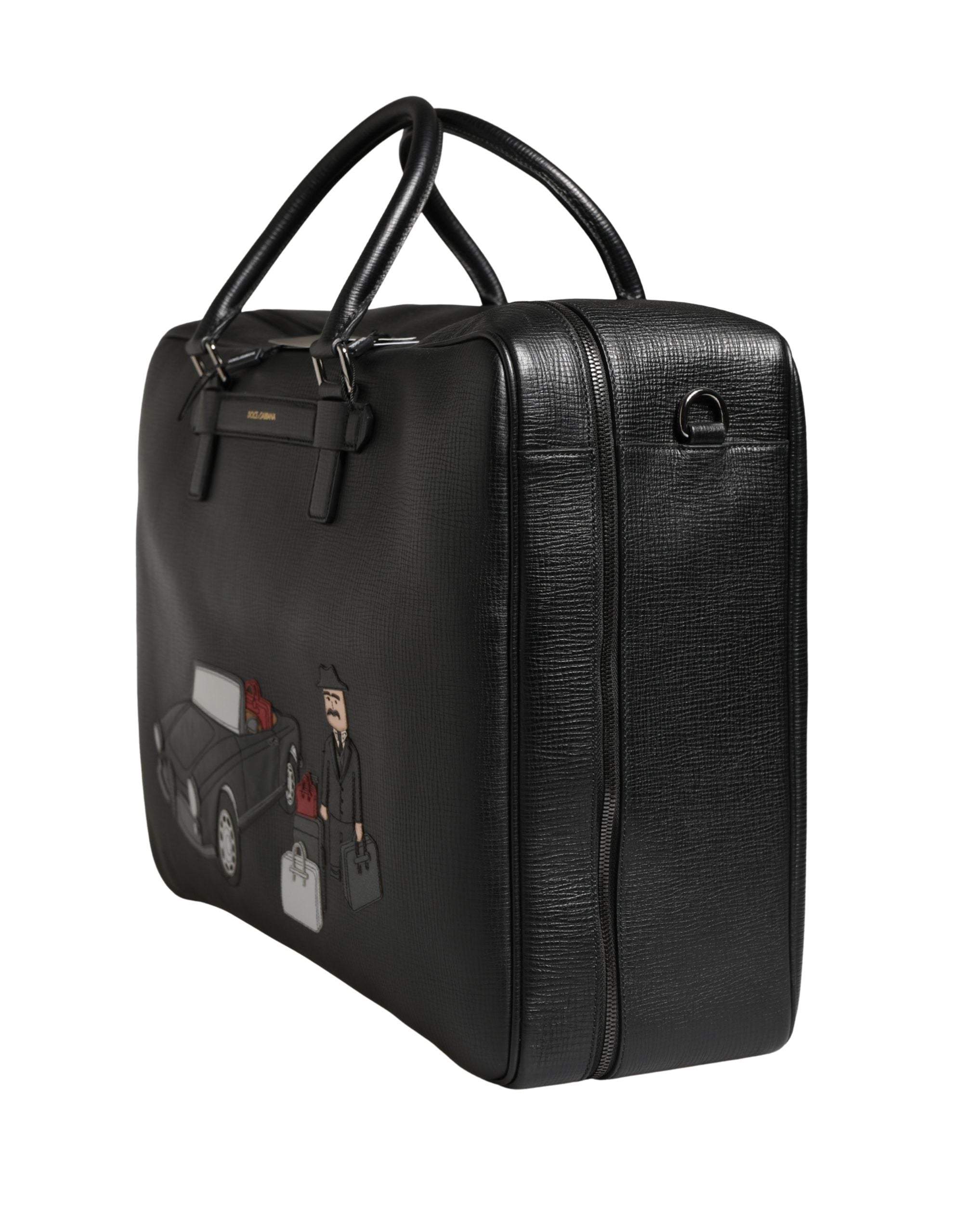 Dolce & Gabbana Black Car Man Applique Leather Weekender Borse Men's Bag