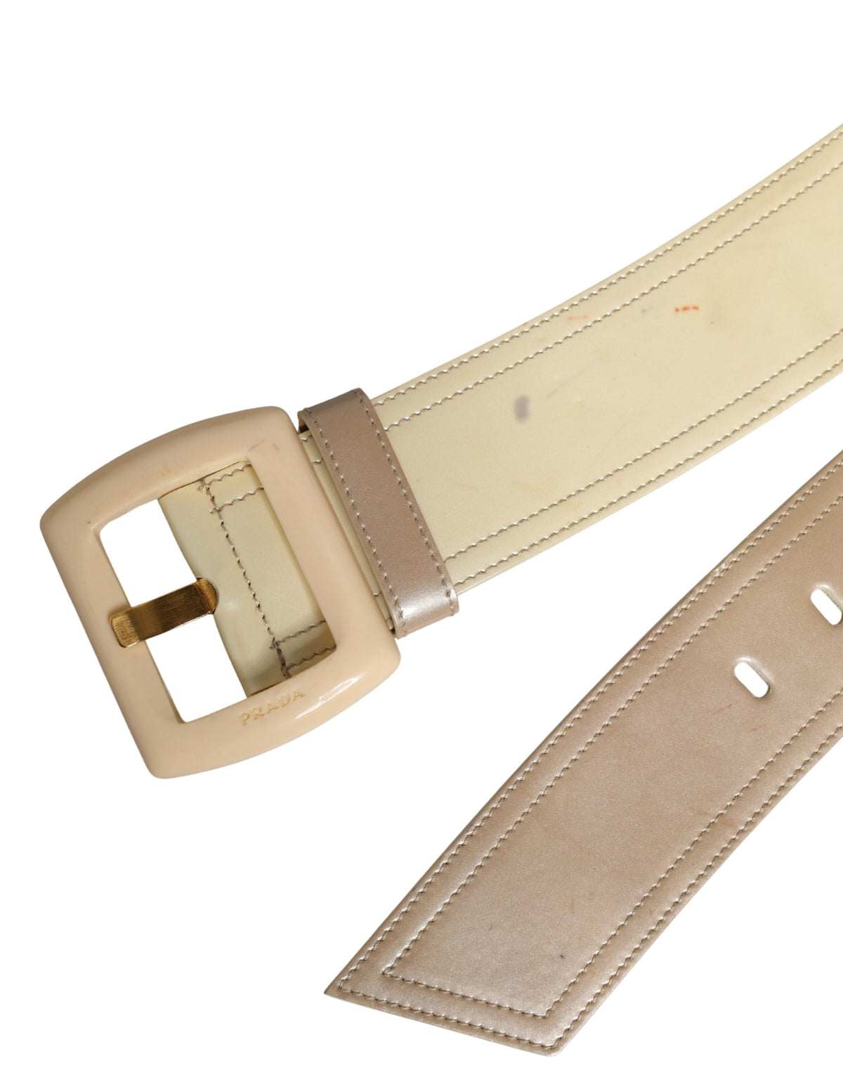 Prada Beige Leather Logo Wide Waist Women Square Buckle Women's Belt (Pre-Owned)