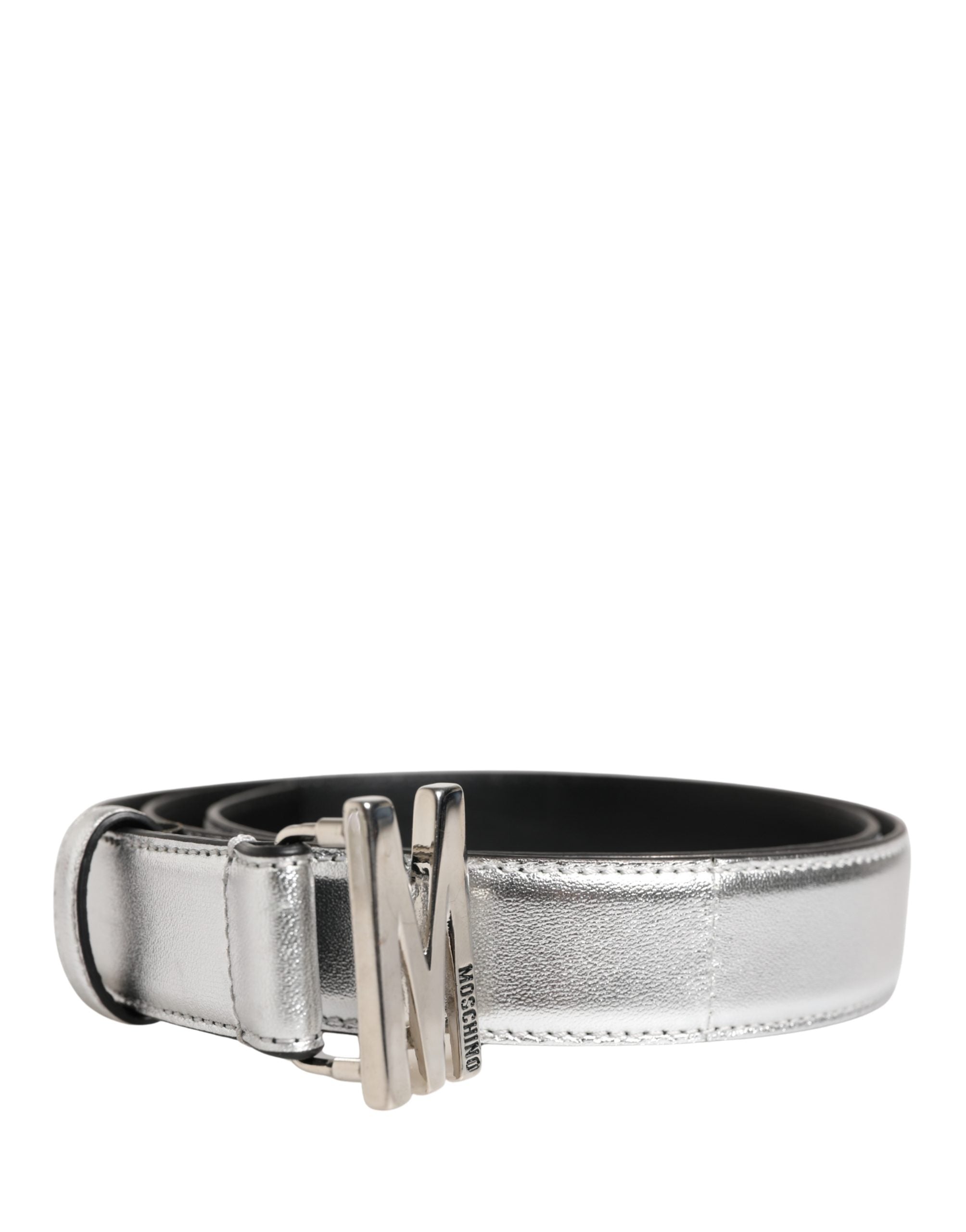 Moschino Couture Silver Leather Logo Metal Buckle Waist Women's Belt