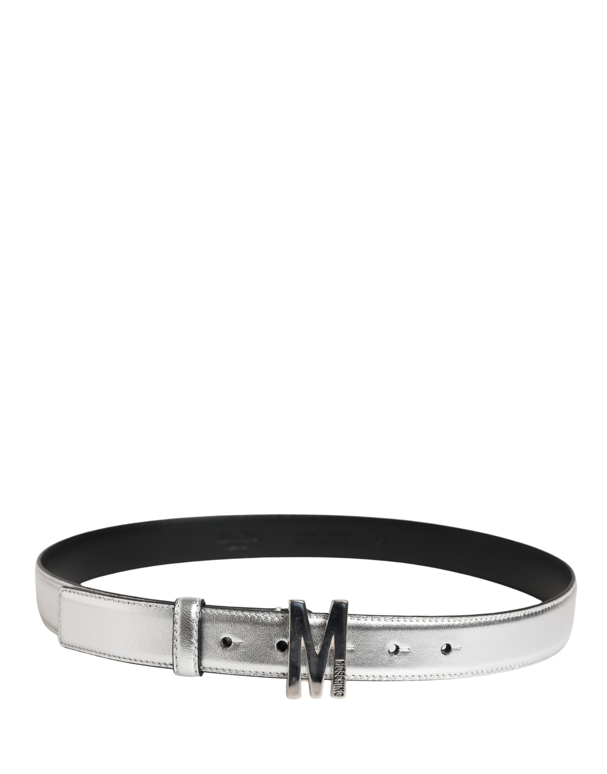 Moschino Couture Silver Leather Logo Metal Buckle Waist Women's Belt
