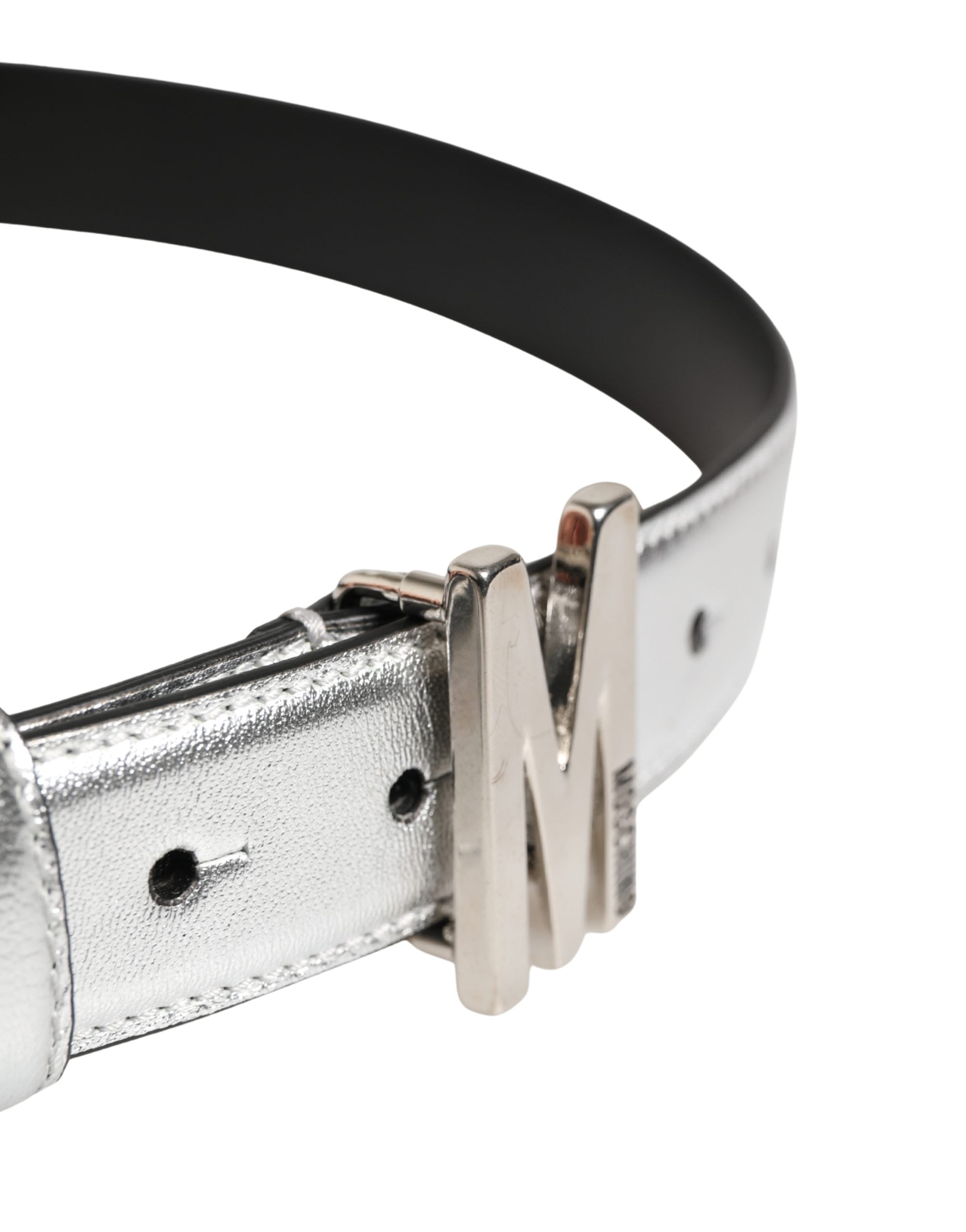 Moschino Couture Silver Leather Logo Metal Buckle Waist Women's Belt