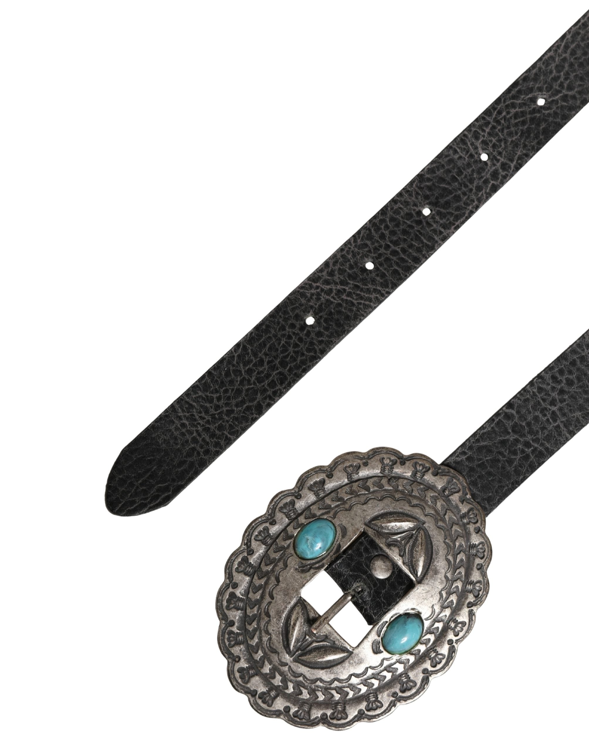 Cavalli Class Black Turquoise Leather Embellished Oval Buckle Women's Belt