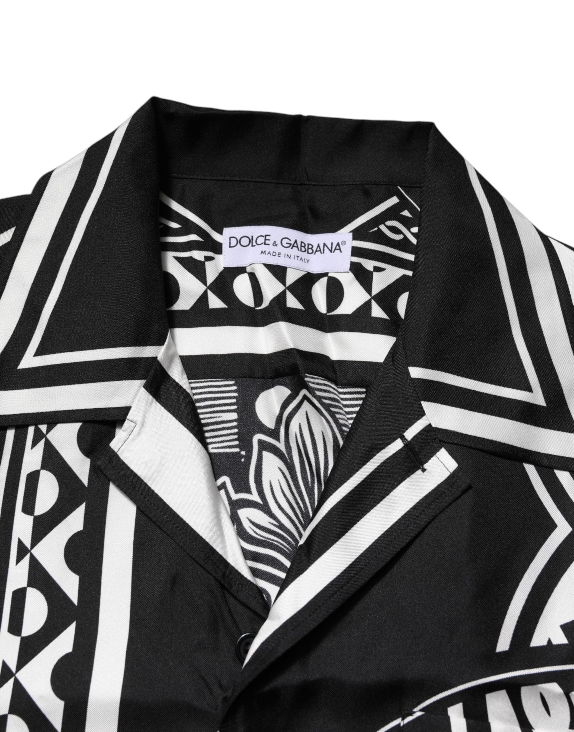 Dolce & Gabbana Black Silk Logo Print Short Sleeves Men's Shirt (Pre-Owned)