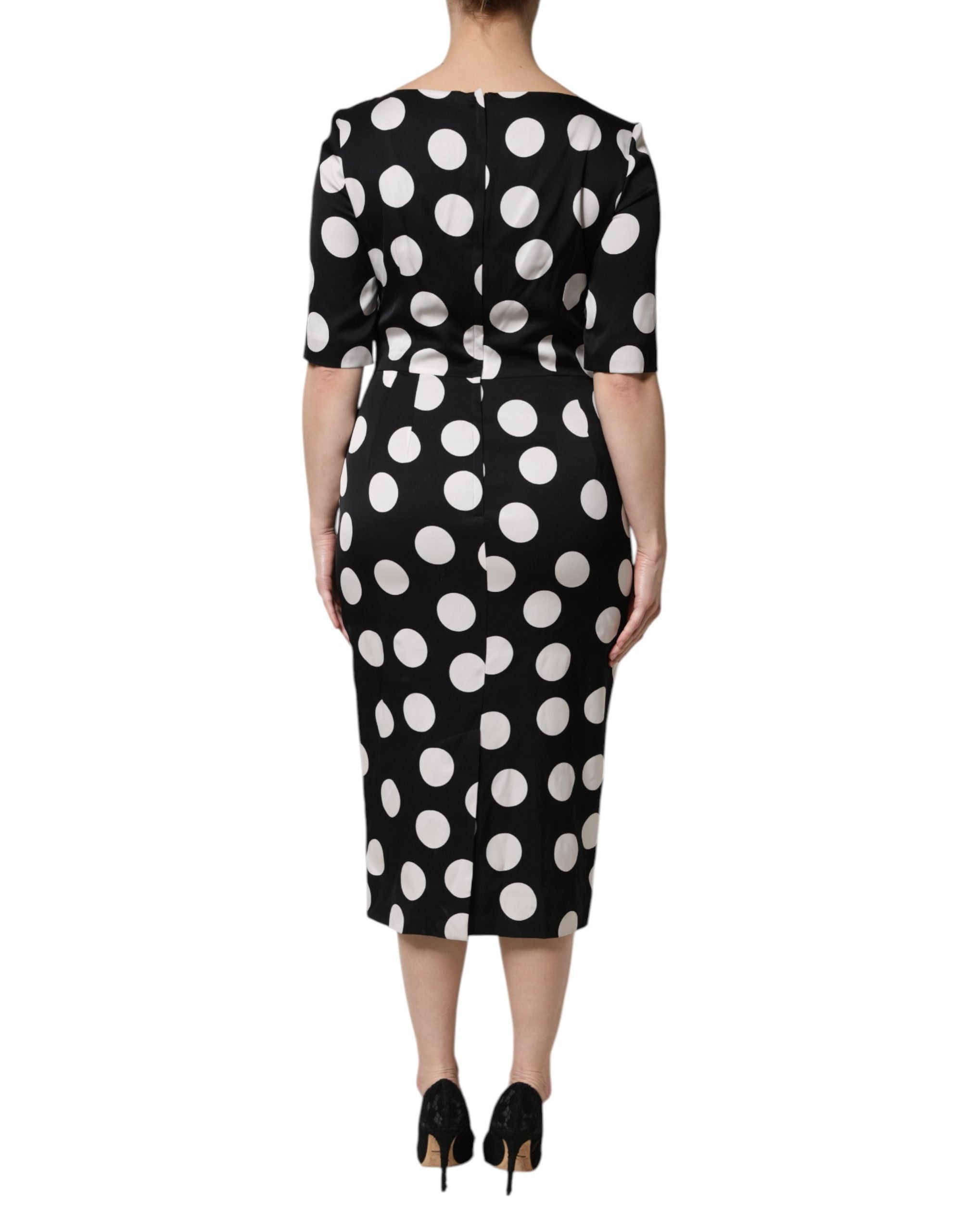 Dolce & Gabbana Black White Polka Dot Silk Sheath Midi Women's Dress