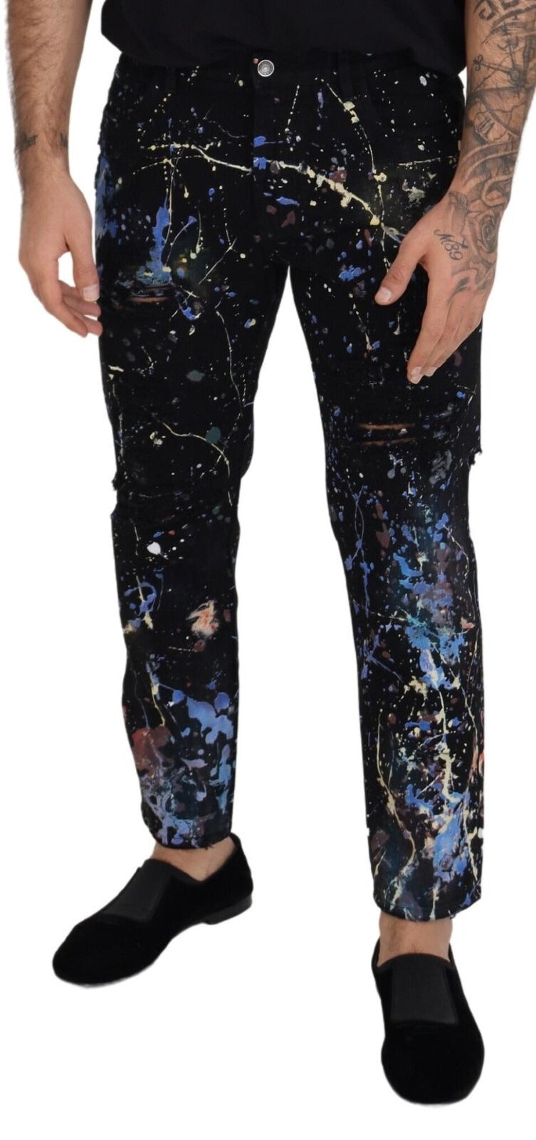 Dolce & Gabbana Black Cotton Color Splash Print Denim Men's Jeans