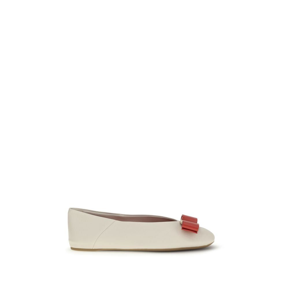 Ferragamo White Calf Leather Bos Taurus Ballet Women's Flats