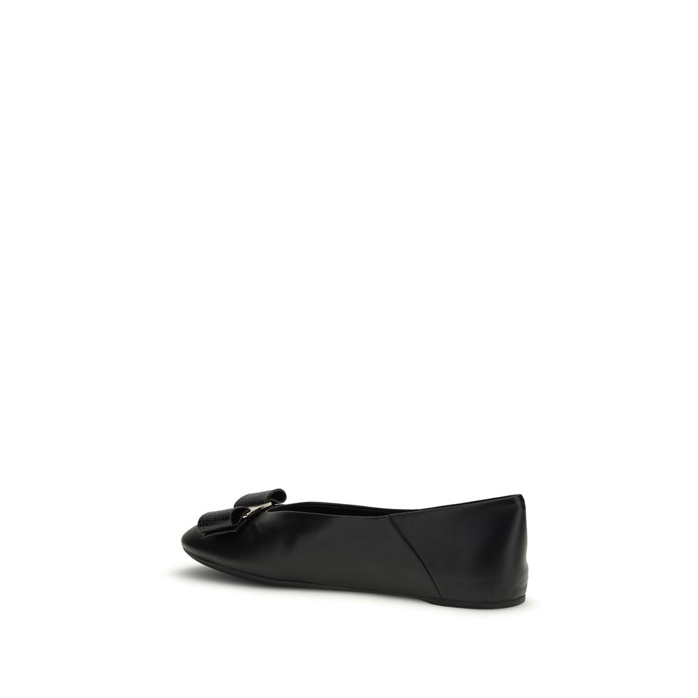 Ferragamo Black Calf Leather Bos Taurus Ballet Women's Flats