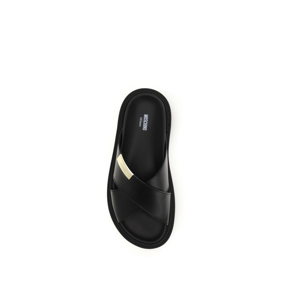 Moschino Black Calf Leather Bos Taurus Flat Men's Sandals