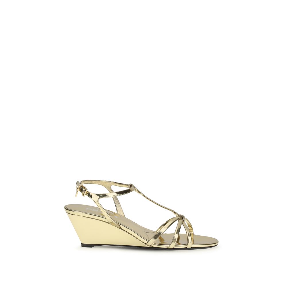 Prada Gold Calf Leather Bos Taurus Wedge Women's Sandals