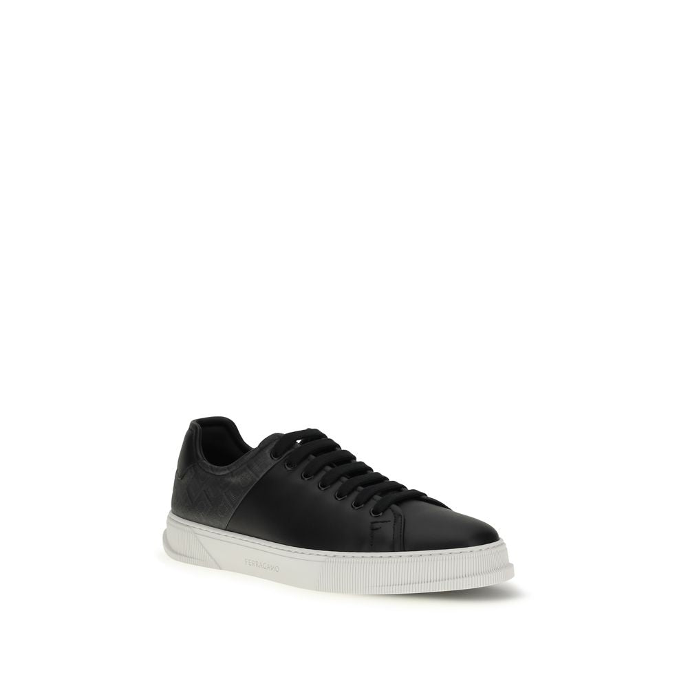Ferragamo Black Calf Leather Bos Taurus Low Top Men's Sneakers
