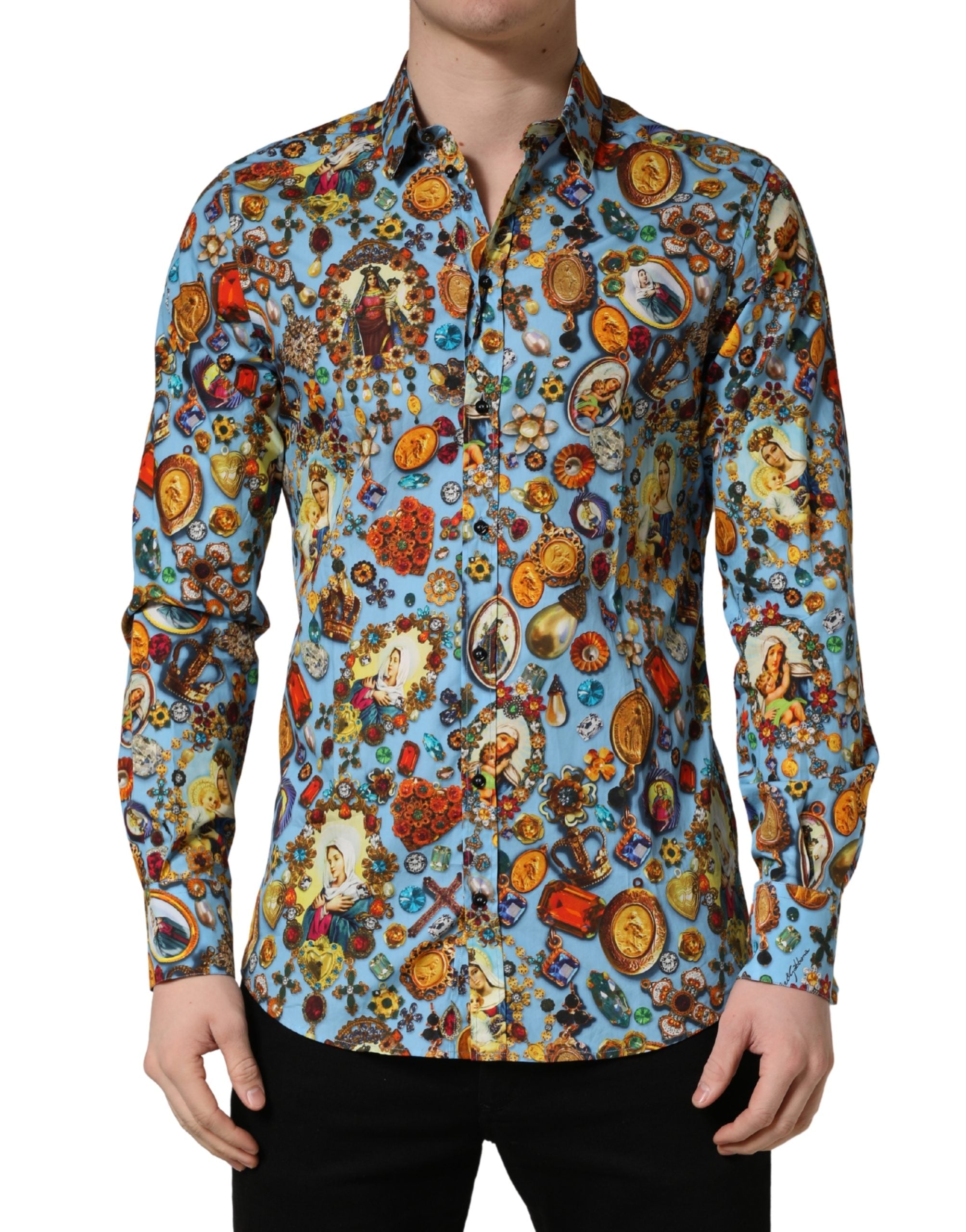 Dolce & Gabbana Blue Cotton Jewel Print Button Down GOLD Men's Shirt