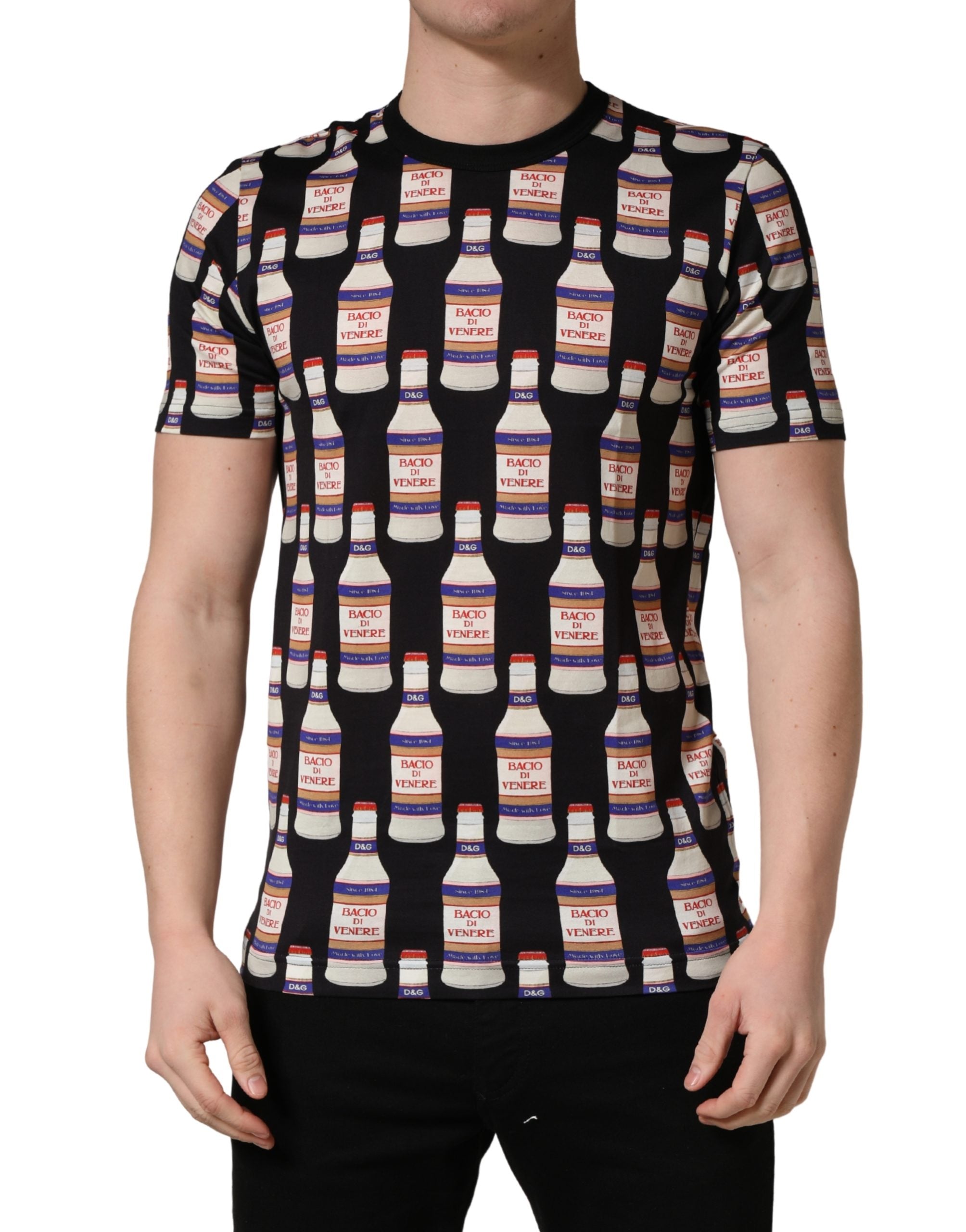 Dolce & Gabbana Black Bottle Print Cotton Crew Neck  Men's T-shirt