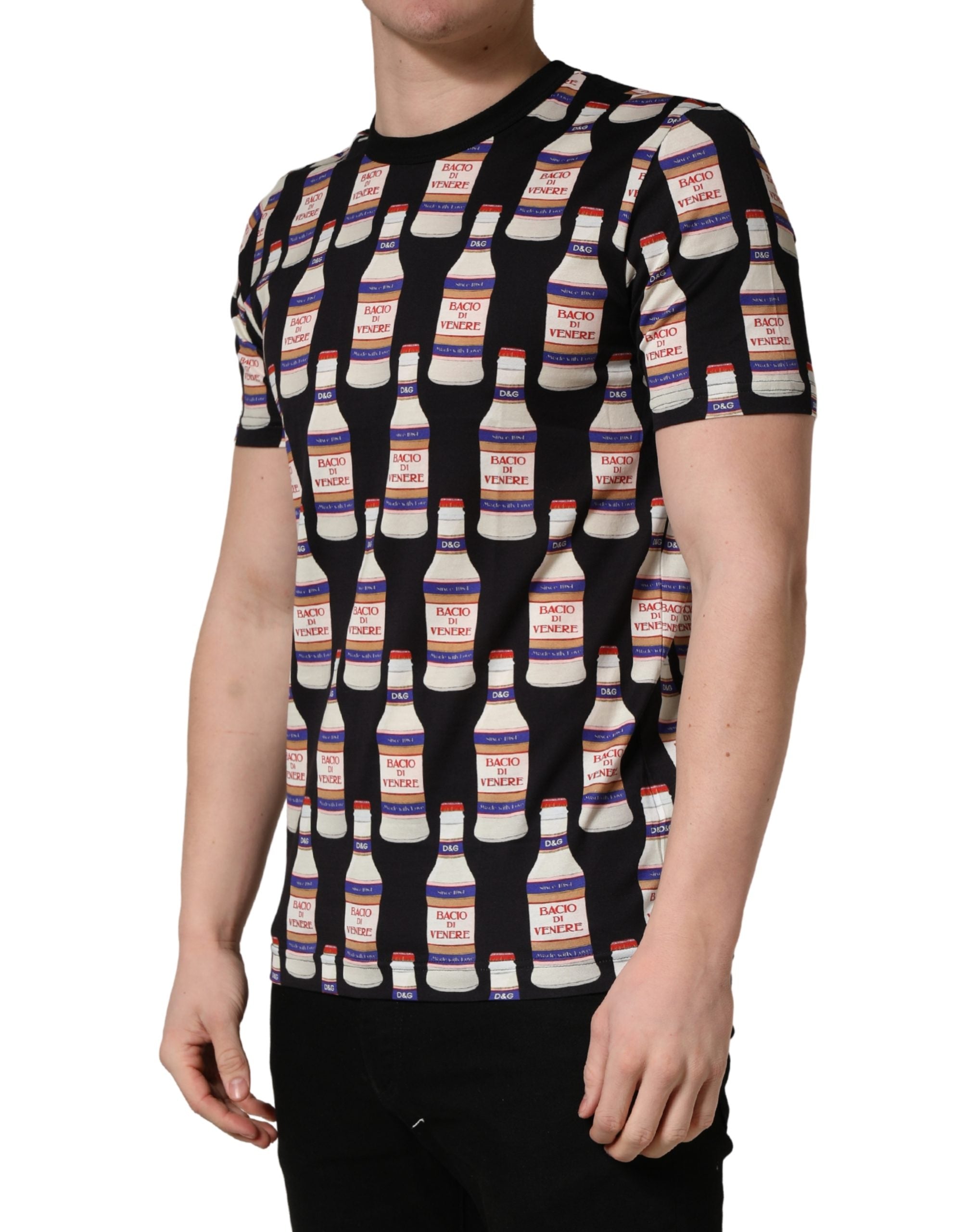 Dolce & Gabbana Black Bottle Print Cotton Crew Neck  Men's T-shirt