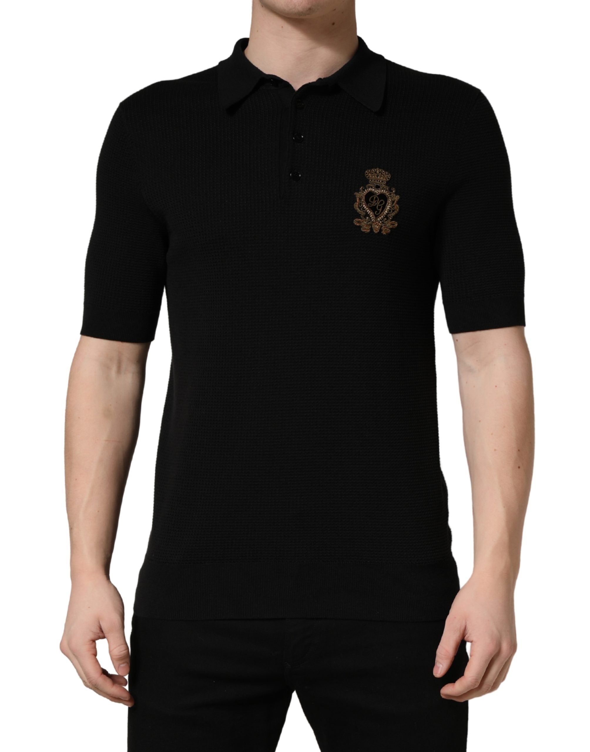 Dolce & Gabbana Black Heraldic Crest Patch Silk Polo Men's T-shirt