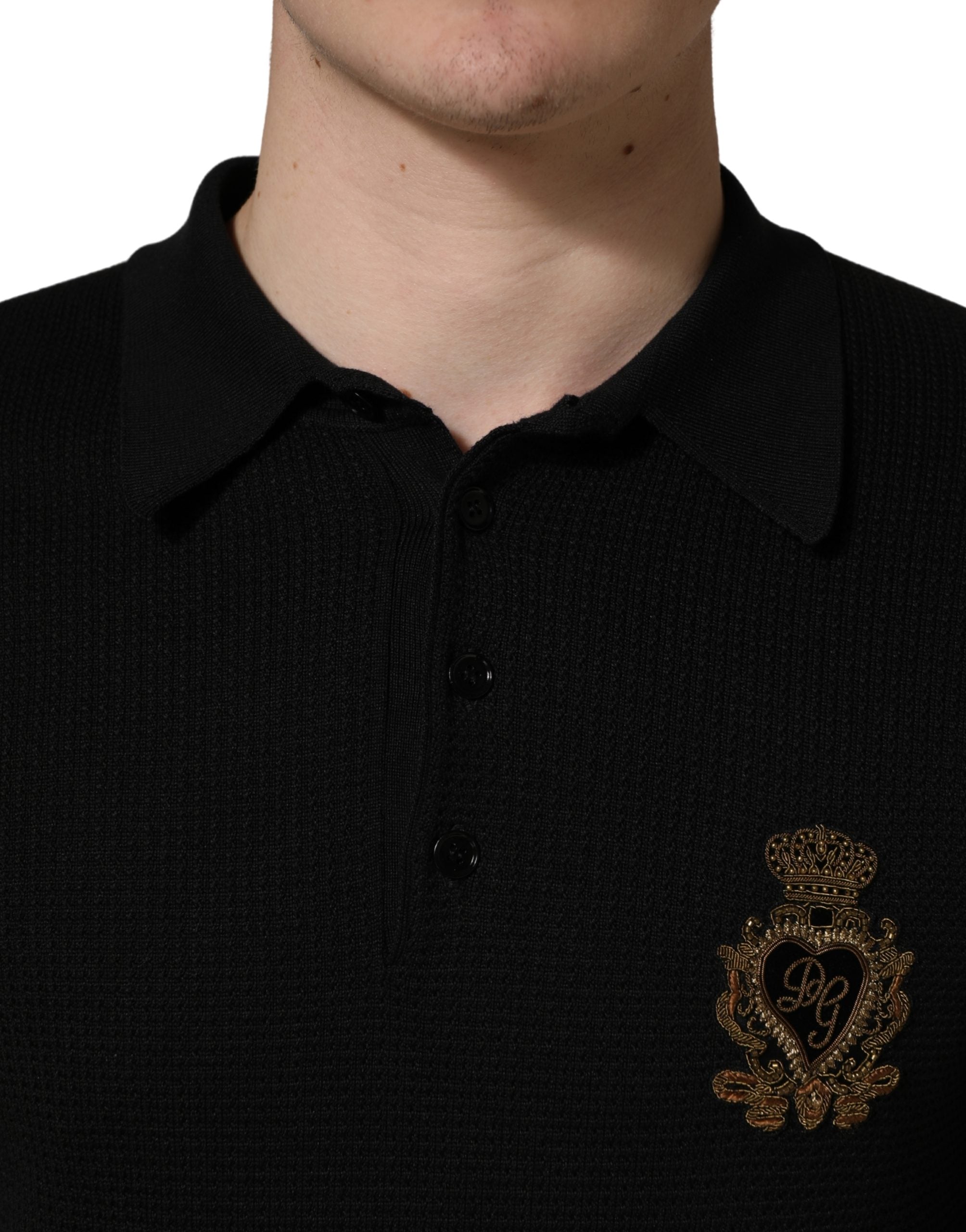 Dolce & Gabbana Black Heraldic Crest Patch Silk Polo Men's T-shirt