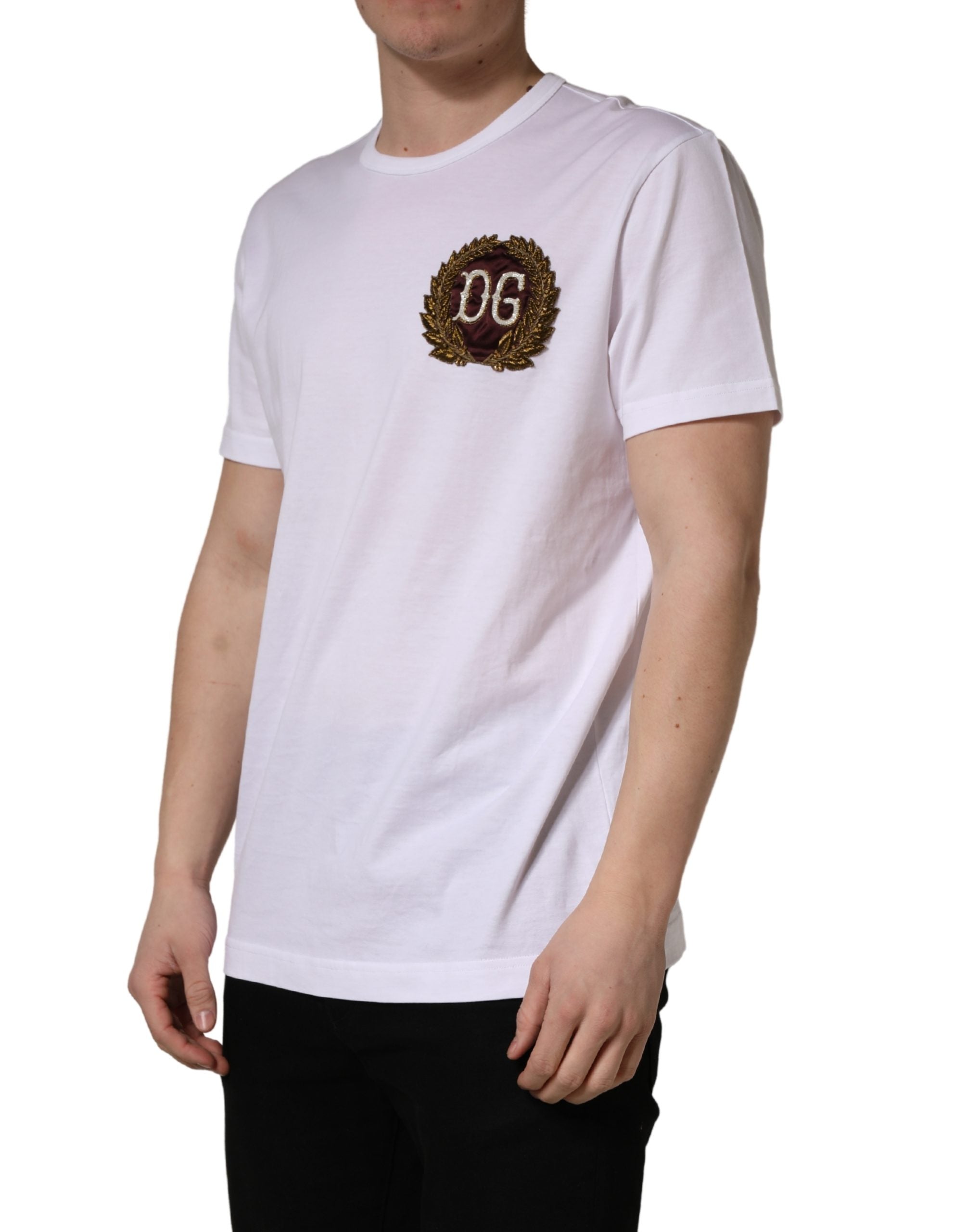 Dolce & Gabbana White DG Leaf Embroidery Crew Neck  Men's T-shirt