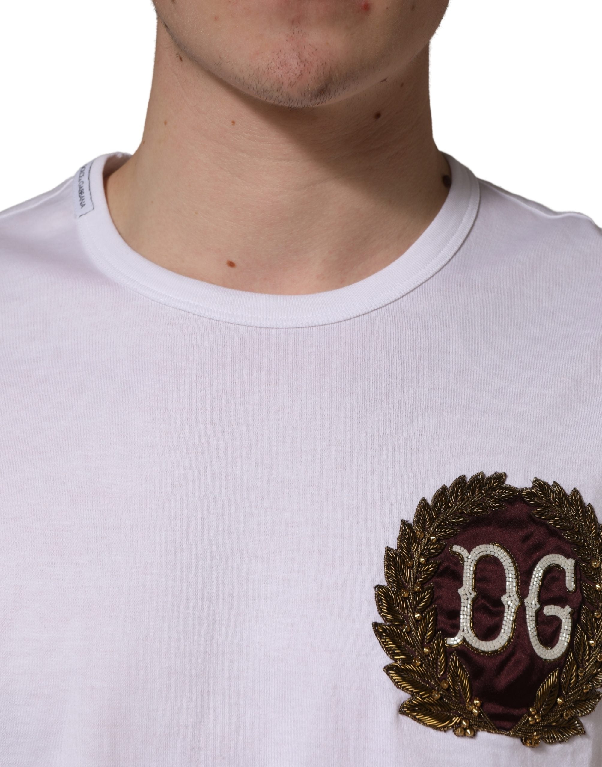 Dolce & Gabbana White DG Leaf Embroidery Crew Neck  Men's T-shirt