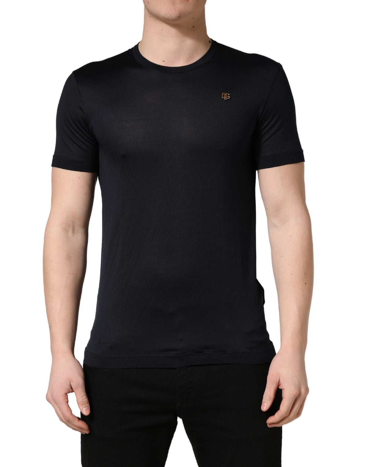 Dolce & Gabbana Dark Blue DG Logo Silk Men Crew Neck Men's T-shirt (Pre-Owned)