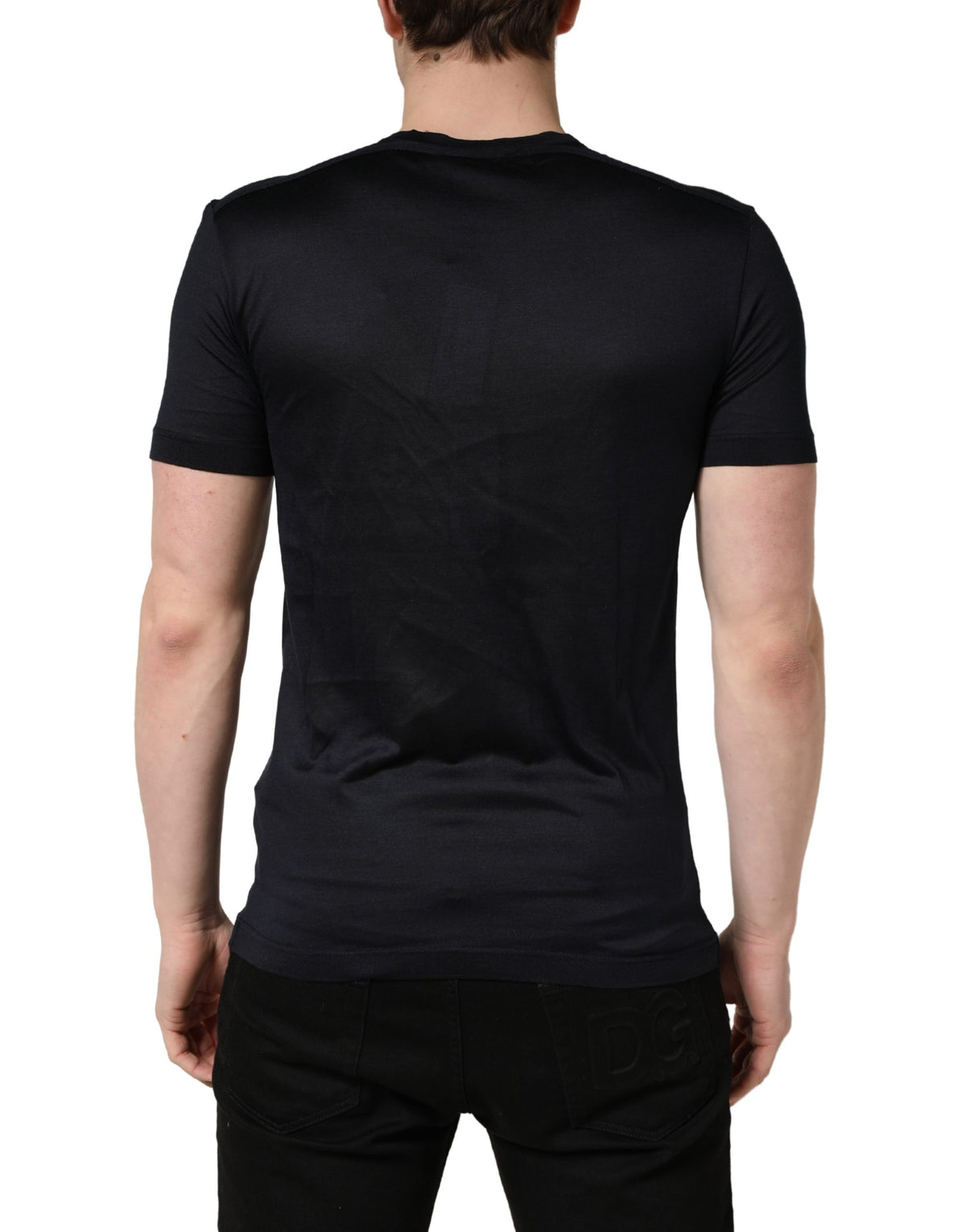 Dolce & Gabbana Dark Blue DG Logo Silk Men Crew Neck Men's T-shirt (Pre-Owned)