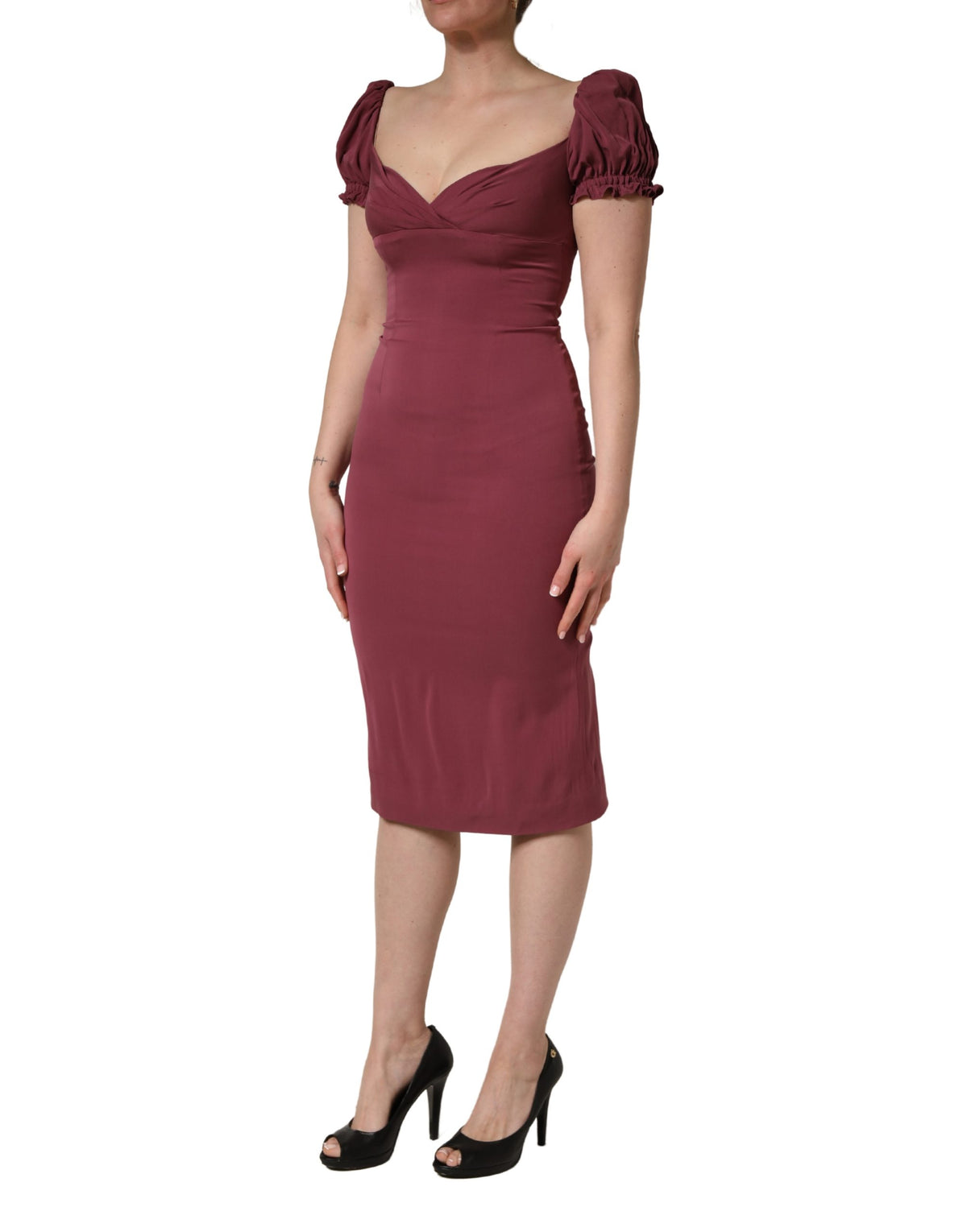 Dolce & Gabbana Maroon Silk Sweetheart Sheath Midi Women's Dress