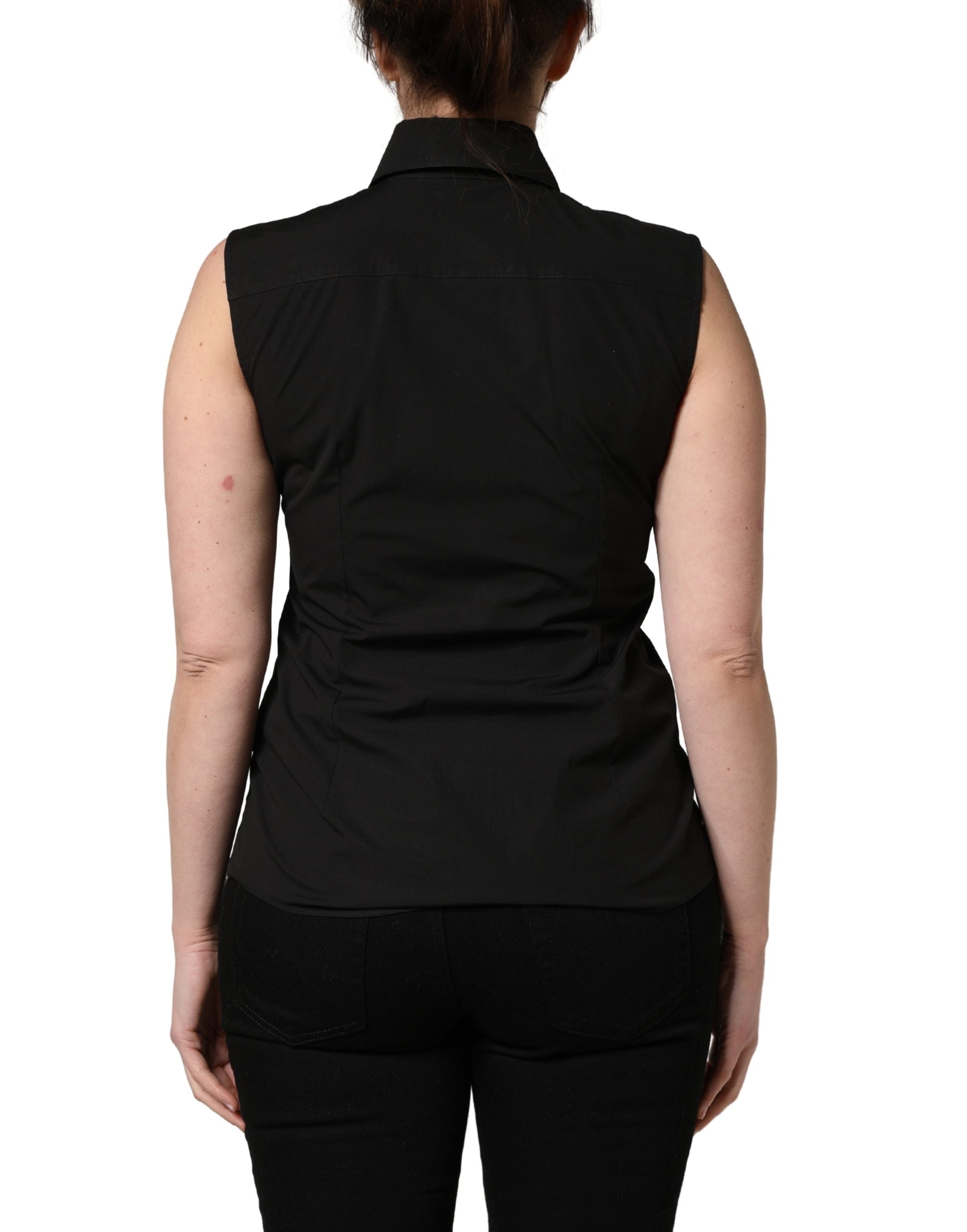 Dolce & Gabbana Black Cotton Sleeveless Collared Blouse Women's Top