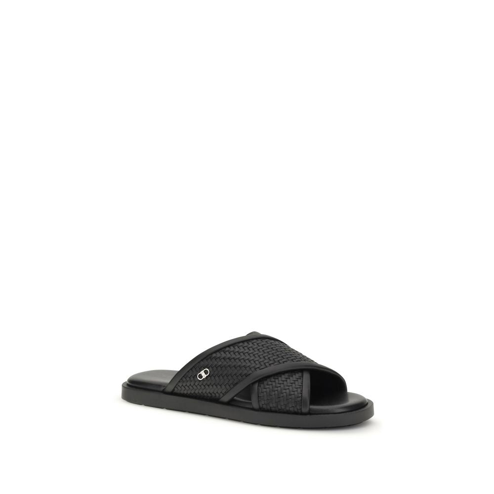Ferragamo Black Calf Leather Bos Taurus Flat Men's Sandals